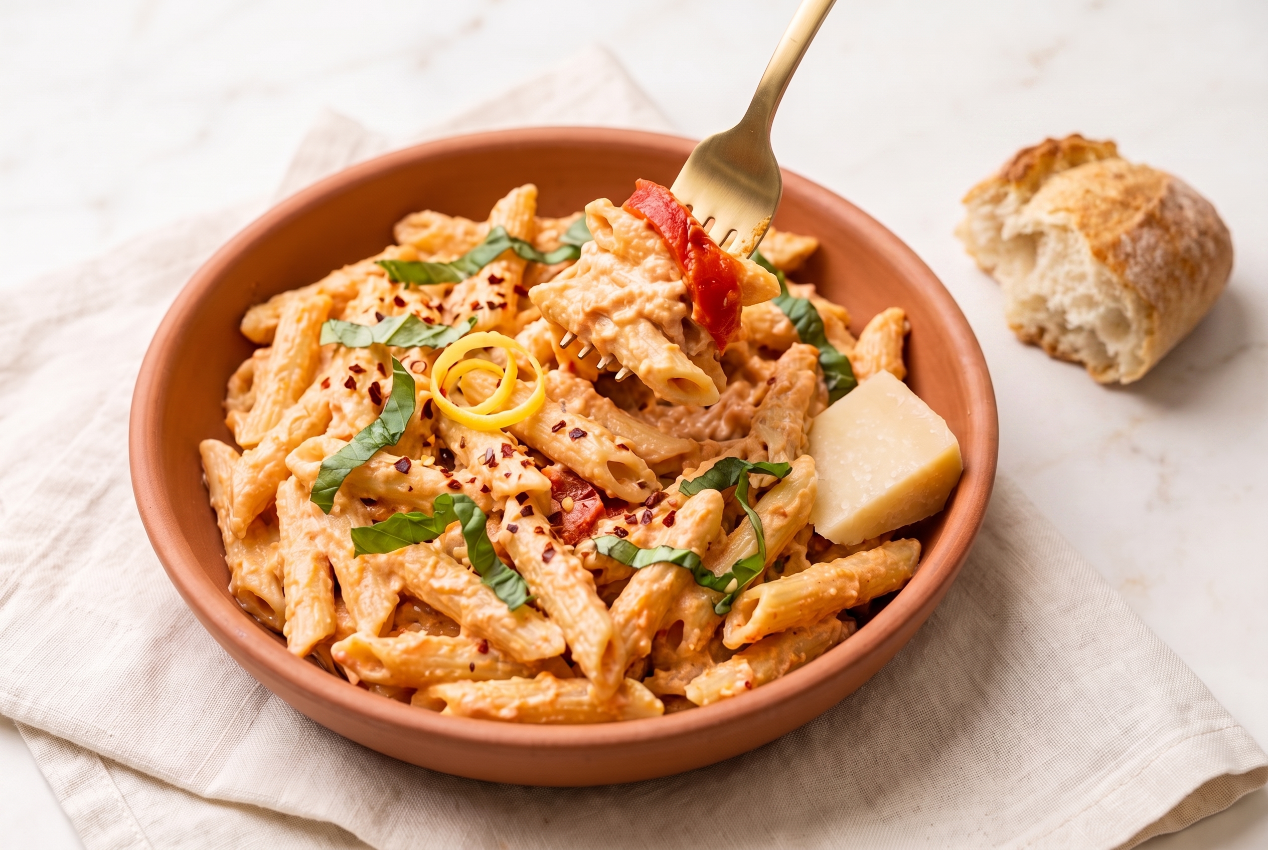 Creamy roasted red pepper and goat cheese pasta in a terracotta bowl with crusty bread on the side