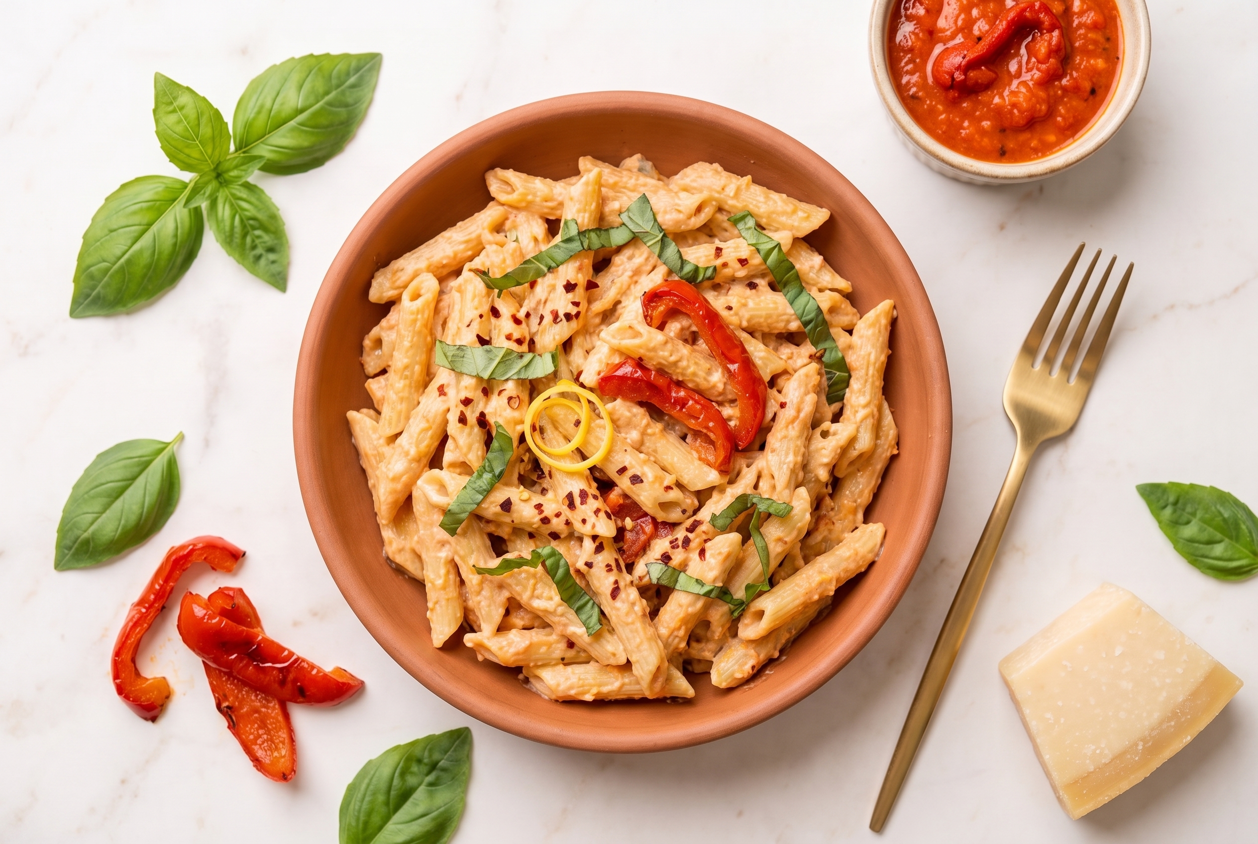 Top-down view of creamy roasted red pepper and goat cheese pasta in a terracotta bowl with torn basil leaves, lemon zest curls, and a small ramekin of red pepper sauce