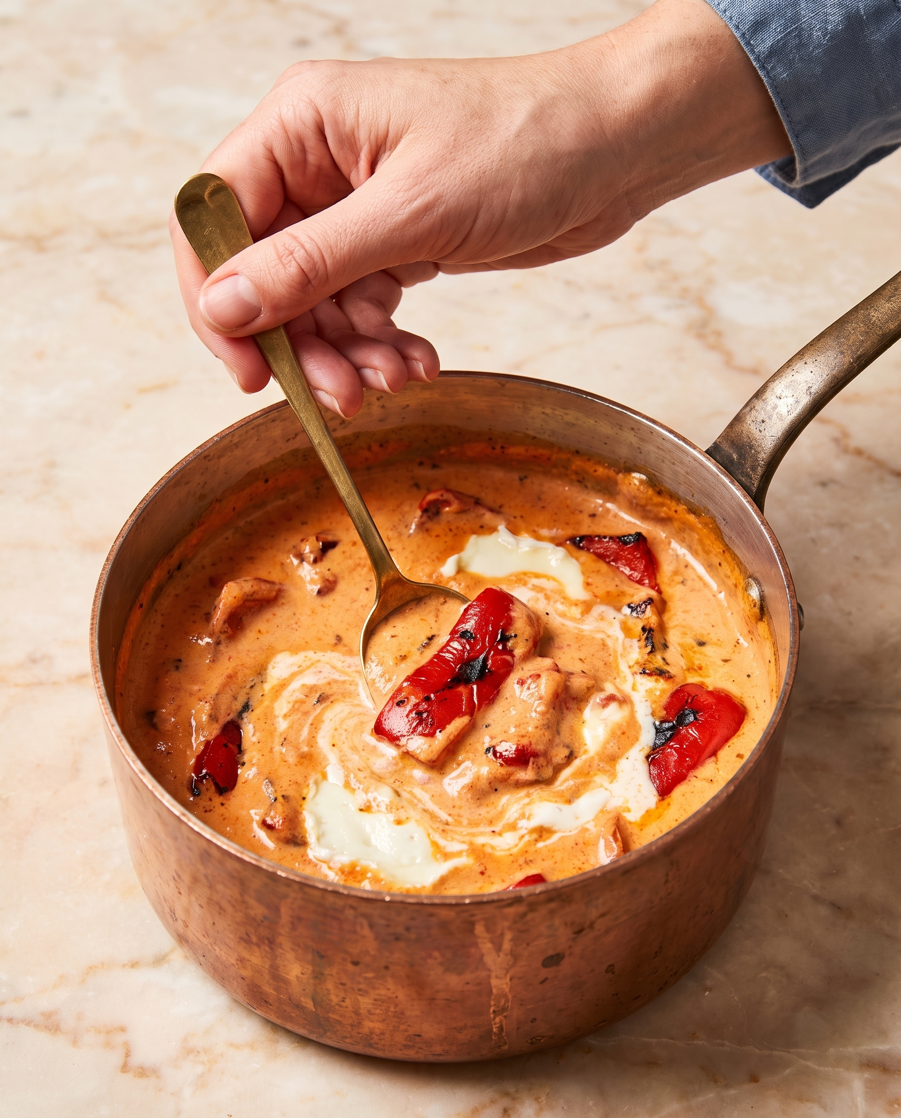 Brass spoon stirring creamy roasted red pepper and goat cheese sauce with chunks of red pepper in a copper pot
