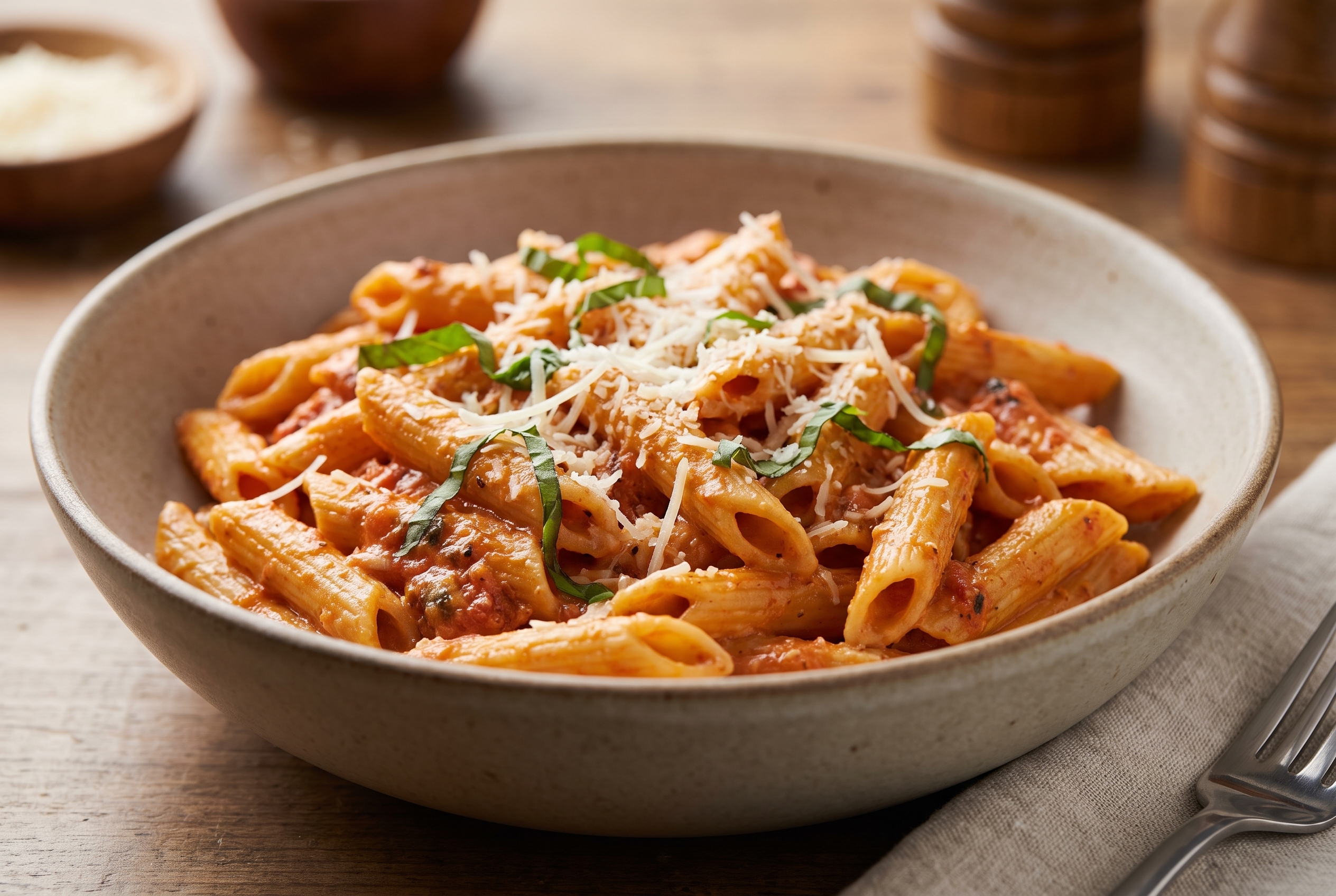 Creamy roasted tomato basil pasta in a bowl
