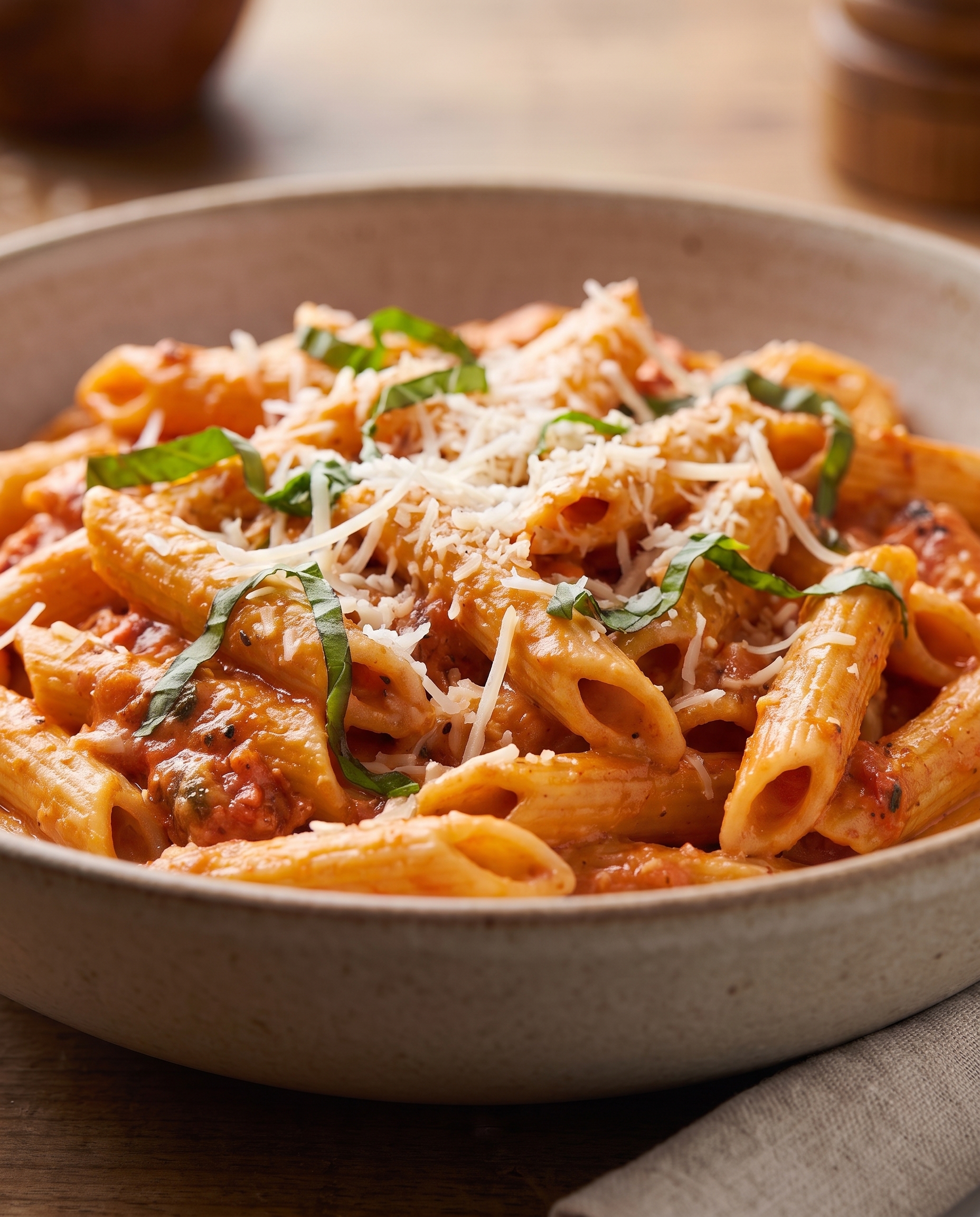 Bowl of creamy roasted tomato basil pasta on a rustic table