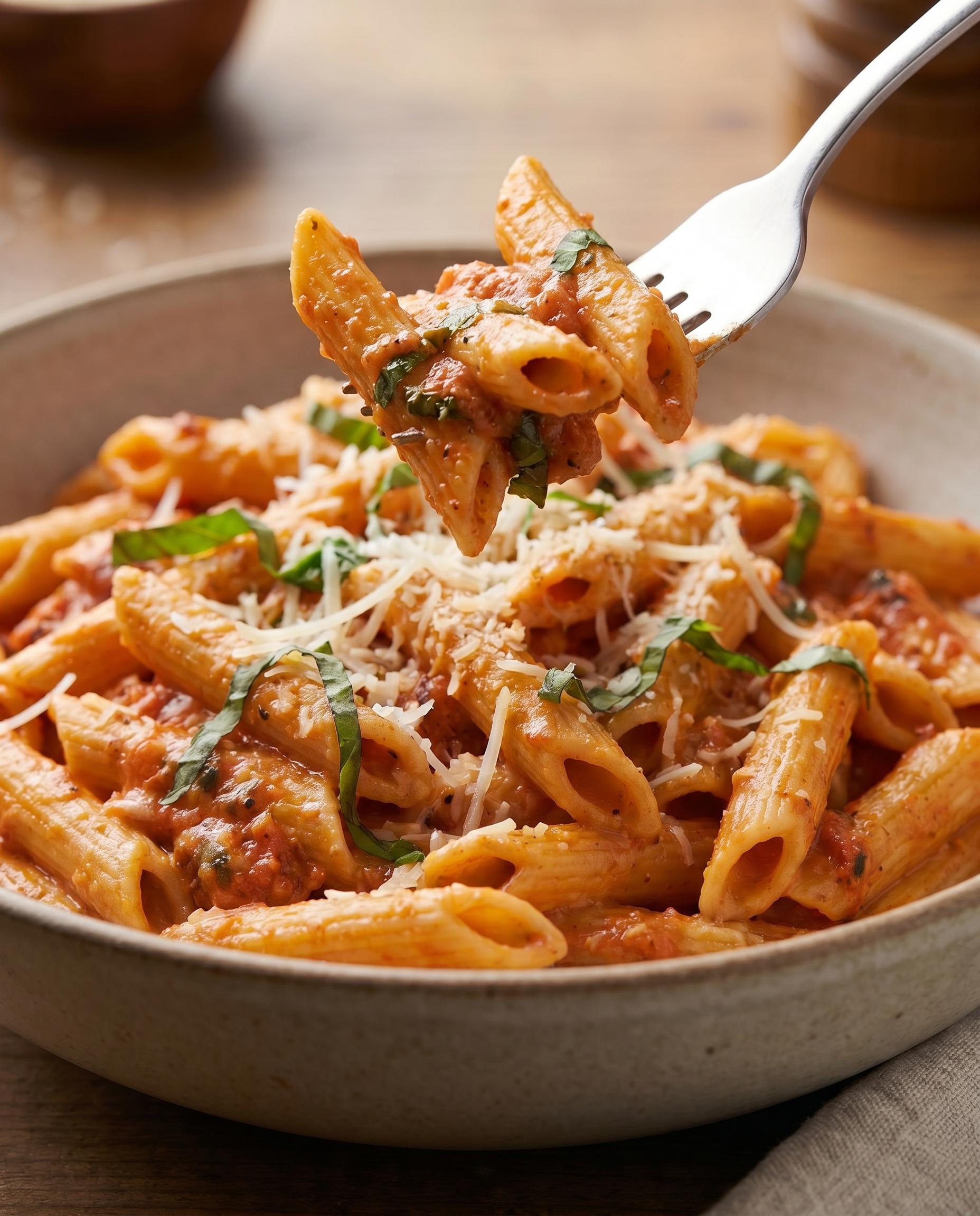 Twirled penne pasta with creamy roasted tomato sauce