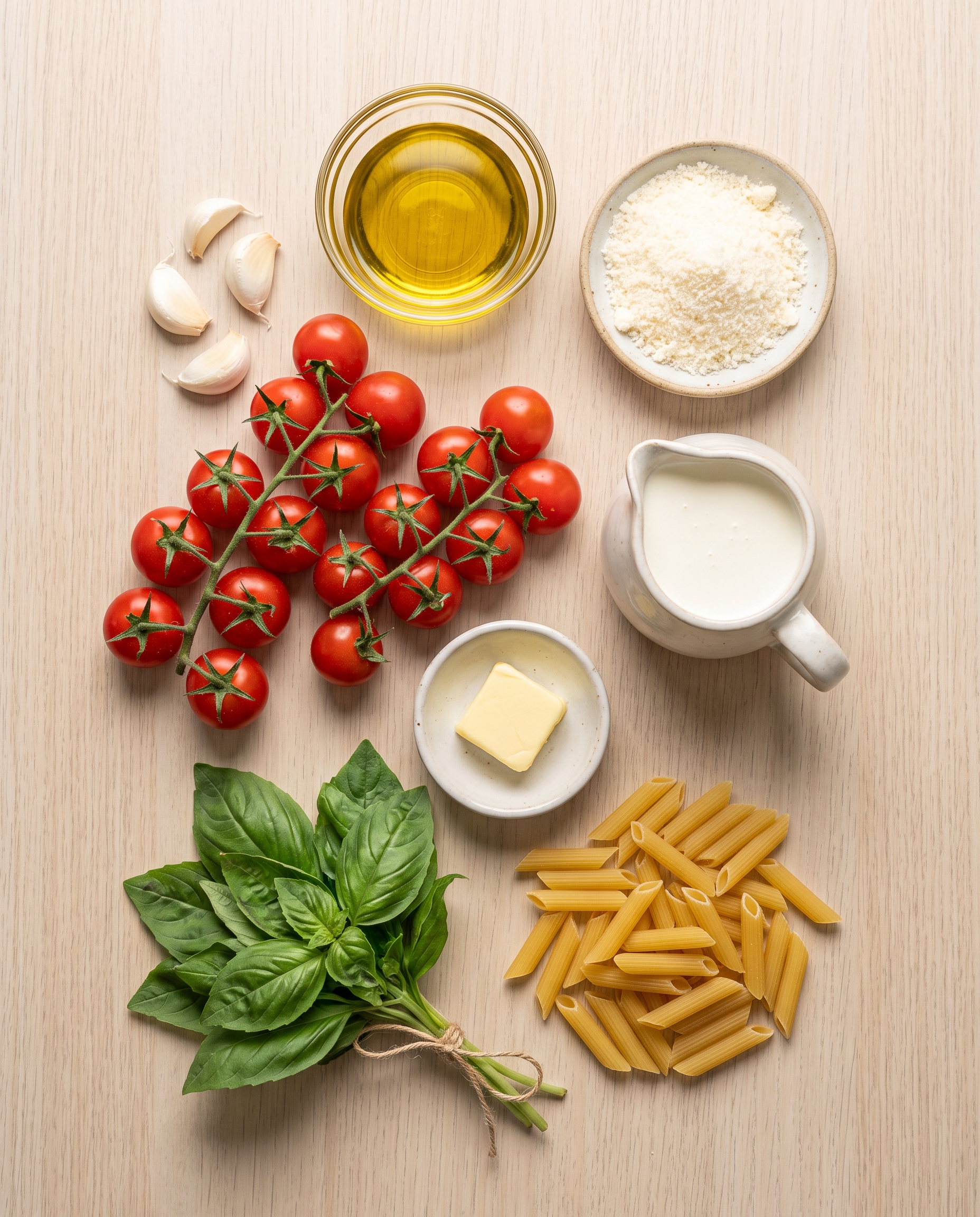 Ingredients for creamy roasted tomato basil pasta arranged on a wooden table