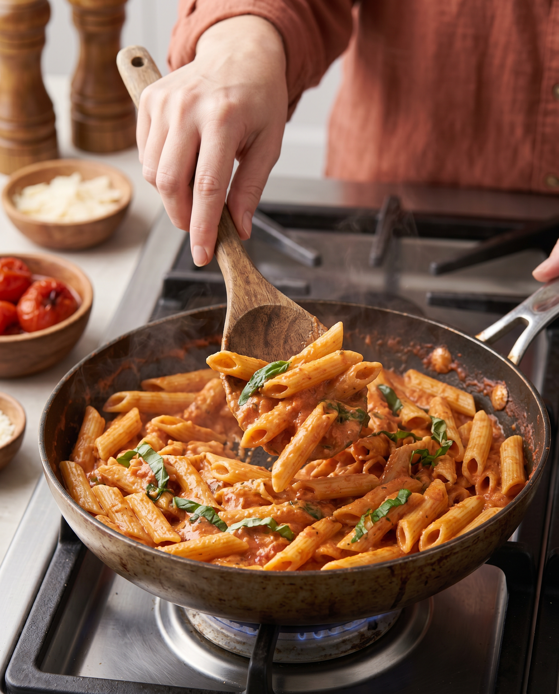 Hand tossing pasta in creamy roasted tomato sauce