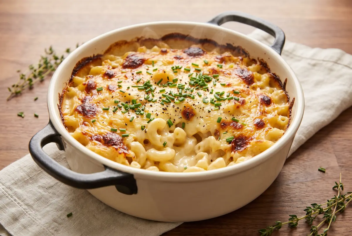 Baked smoked gouda mac and cheese in a cream baking dish with golden crust