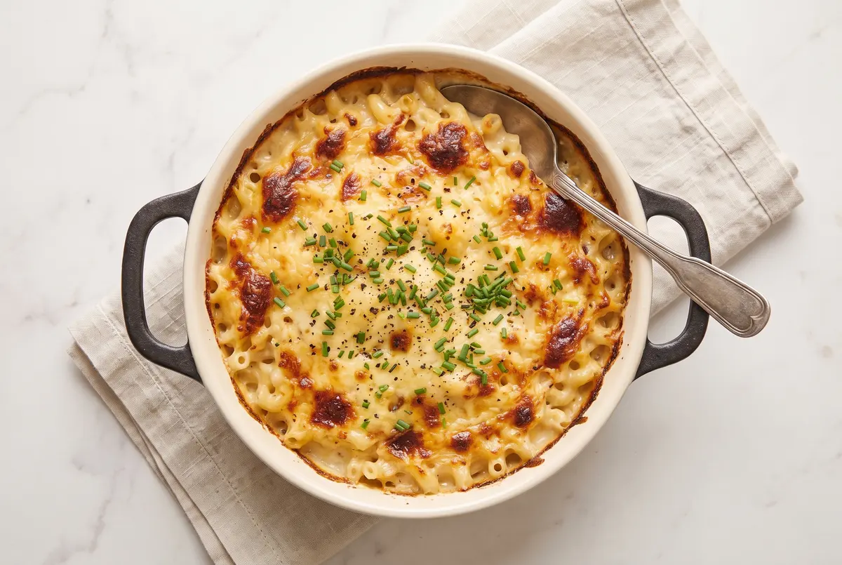 Overhead view of smoked gouda mac and cheese in a baking dish