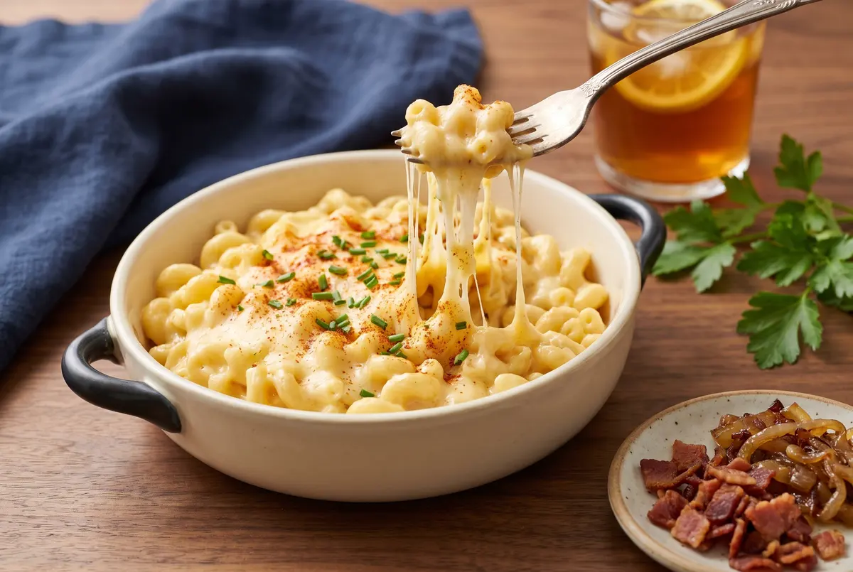 Plated portion of smoked gouda mac and cheese with a fork