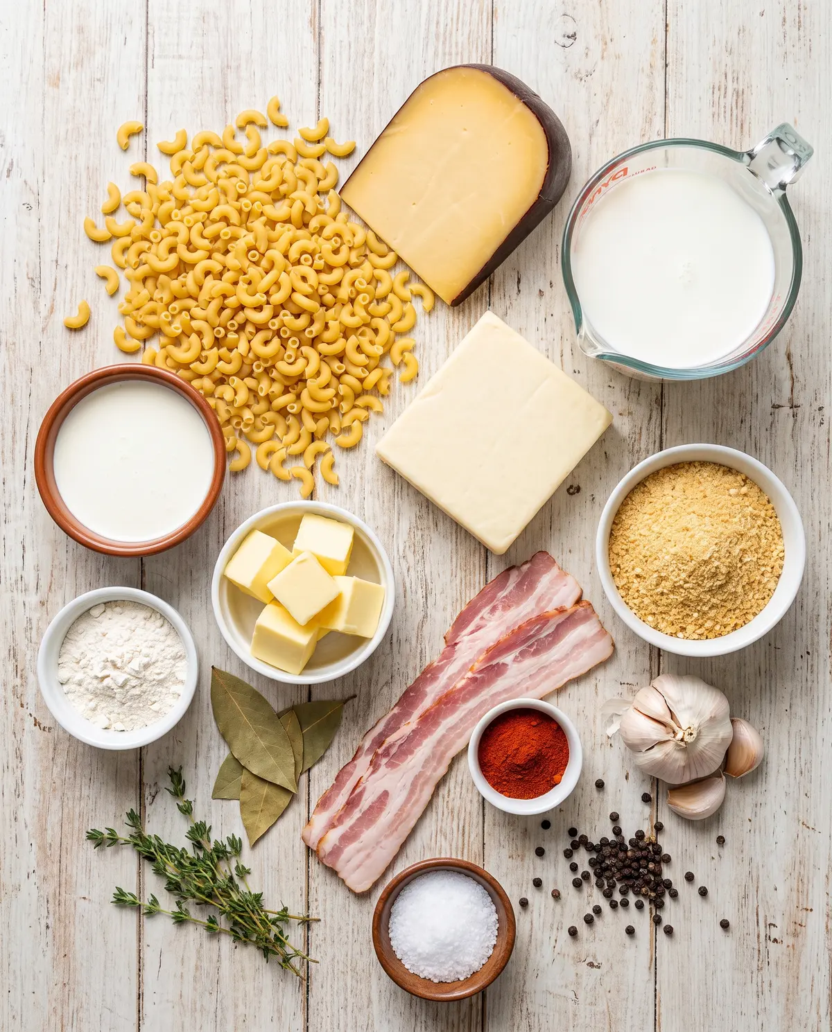 Ingredients for smoked gouda mac and cheese arranged on a wooden table
