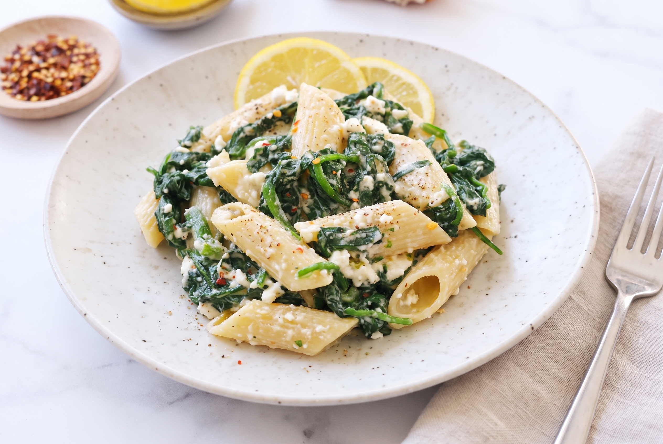 Creamy spinach and feta pasta in a shallow ceramic bowl with lemon slices