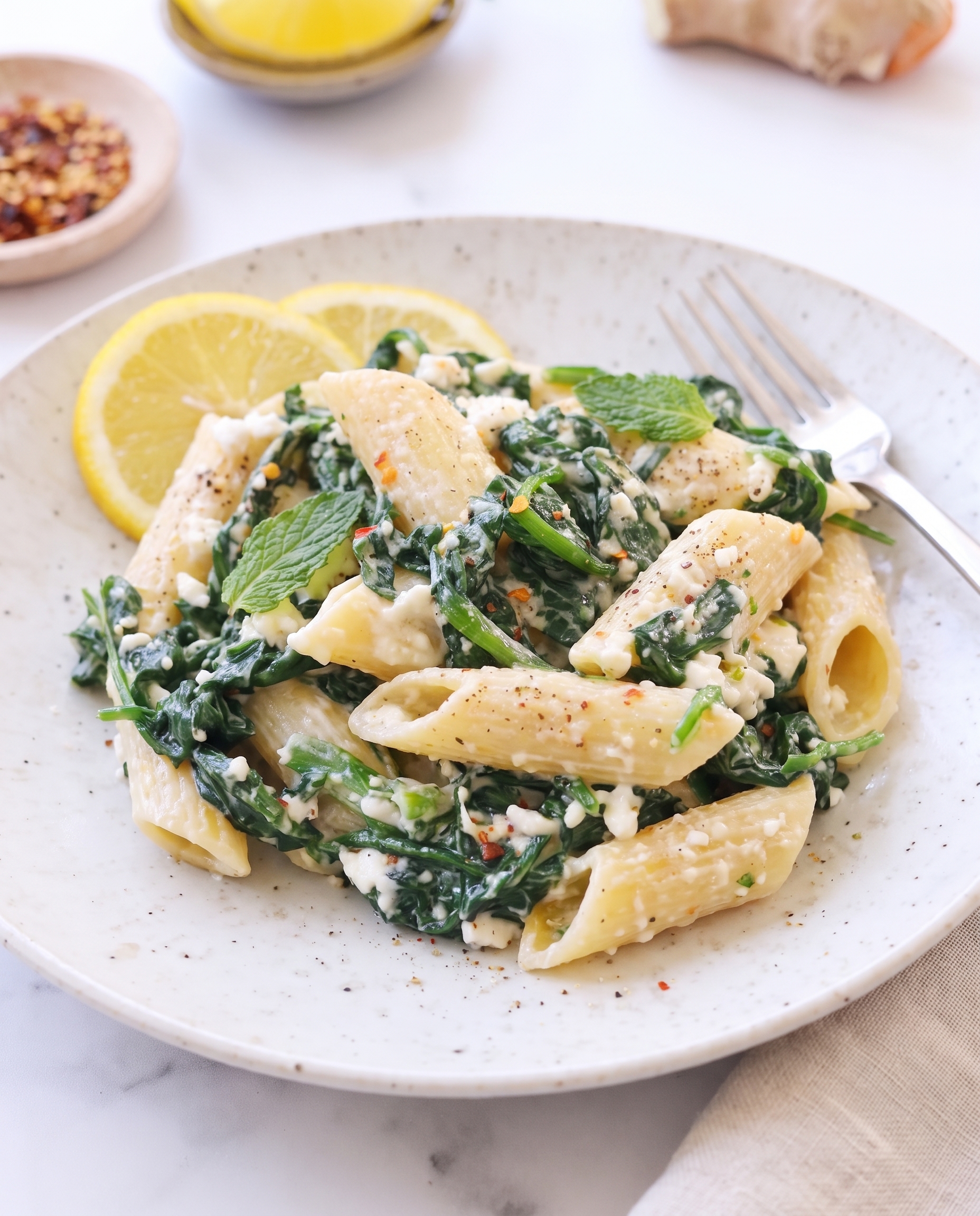 Creamy spinach and feta pasta garnished with lemon and mint