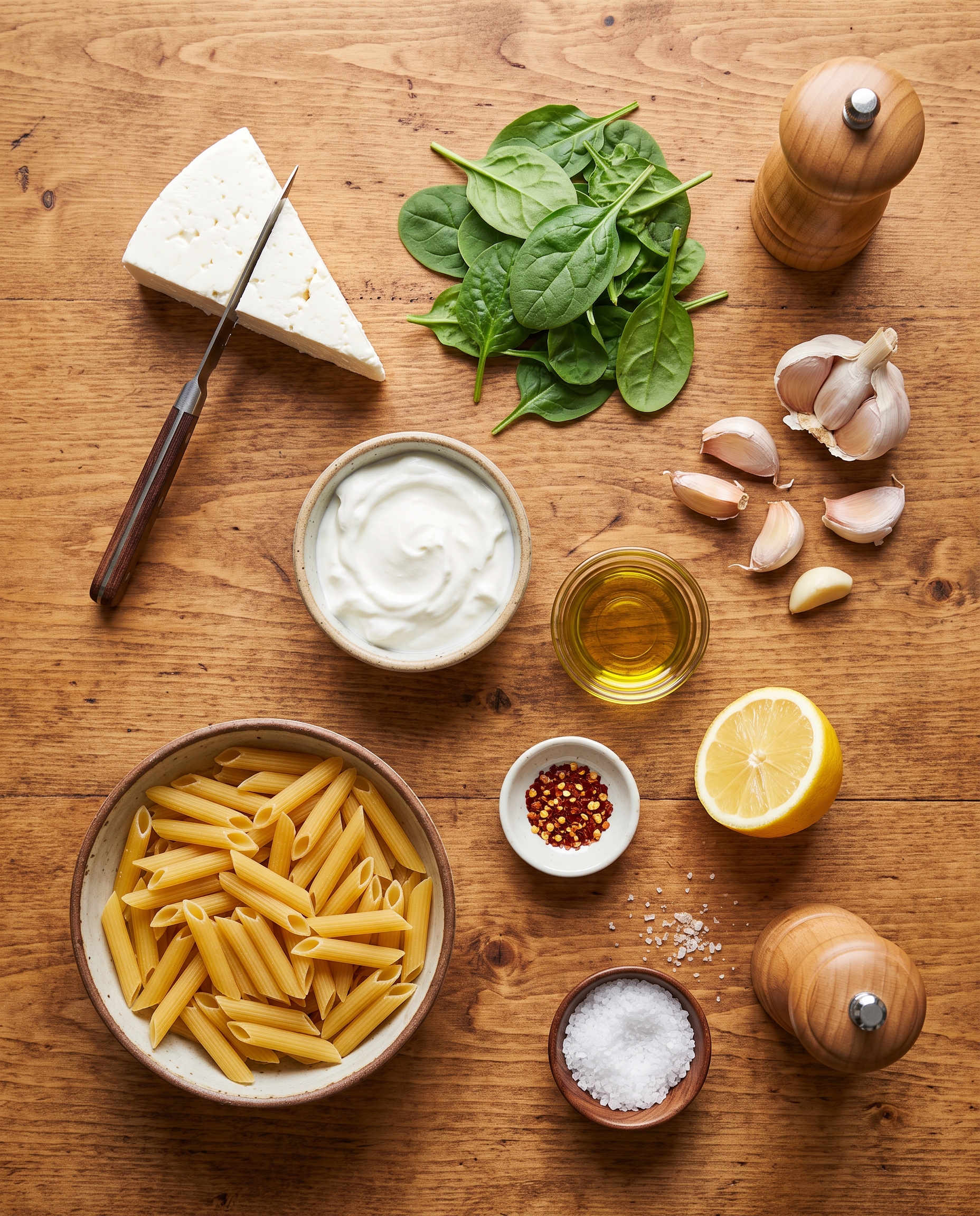 Ingredients for creamy spinach and feta pasta arranged on a wooden surface