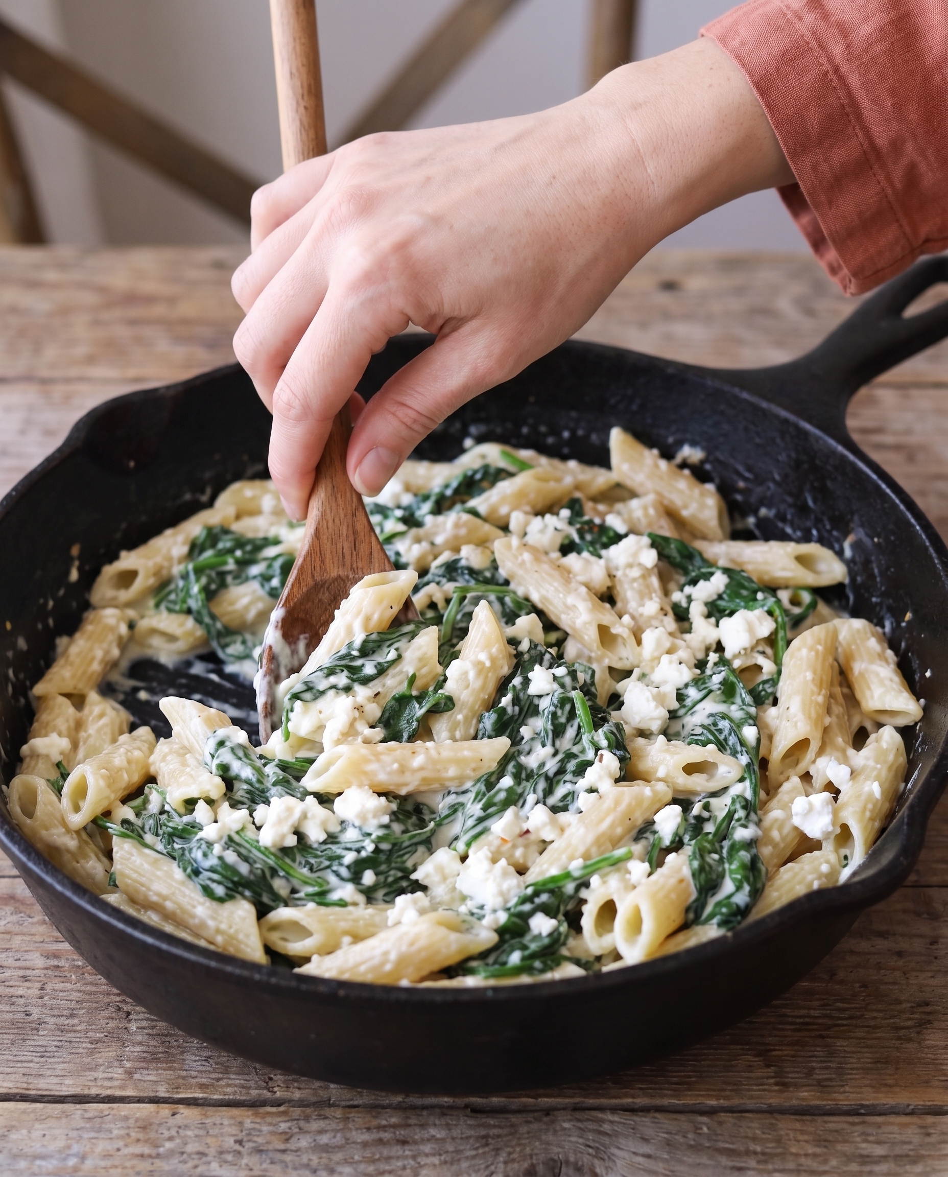 Stirring creamy spinach and feta pasta in a cast iron skillet