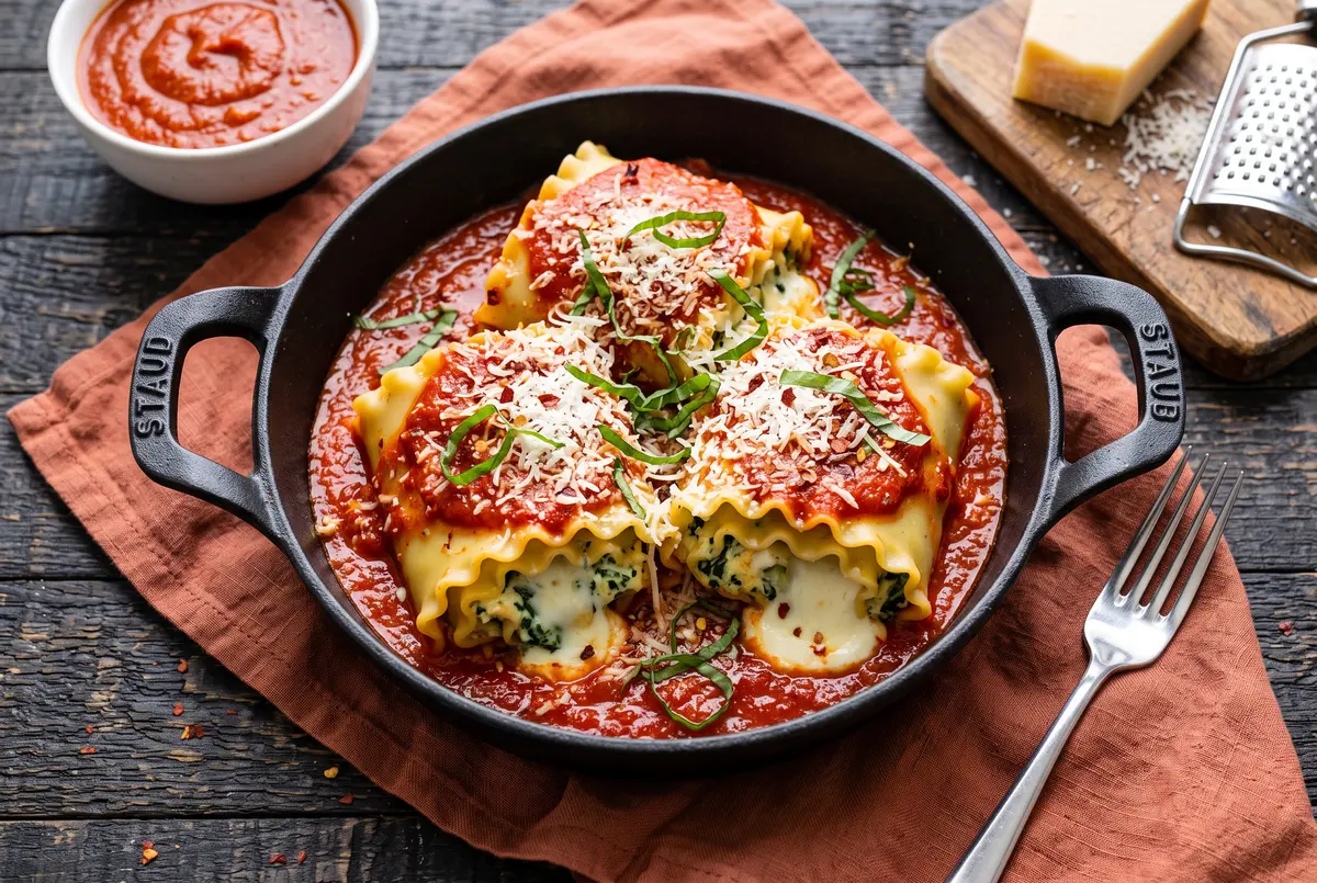 Creamy spinach artichoke lasagna rolls in cast iron skillet with marinara