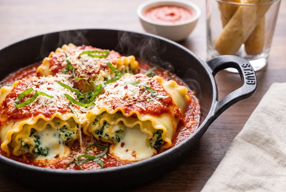 Spinach artichoke lasagna rolls just out of the oven in a cast iron skillet with steam rising