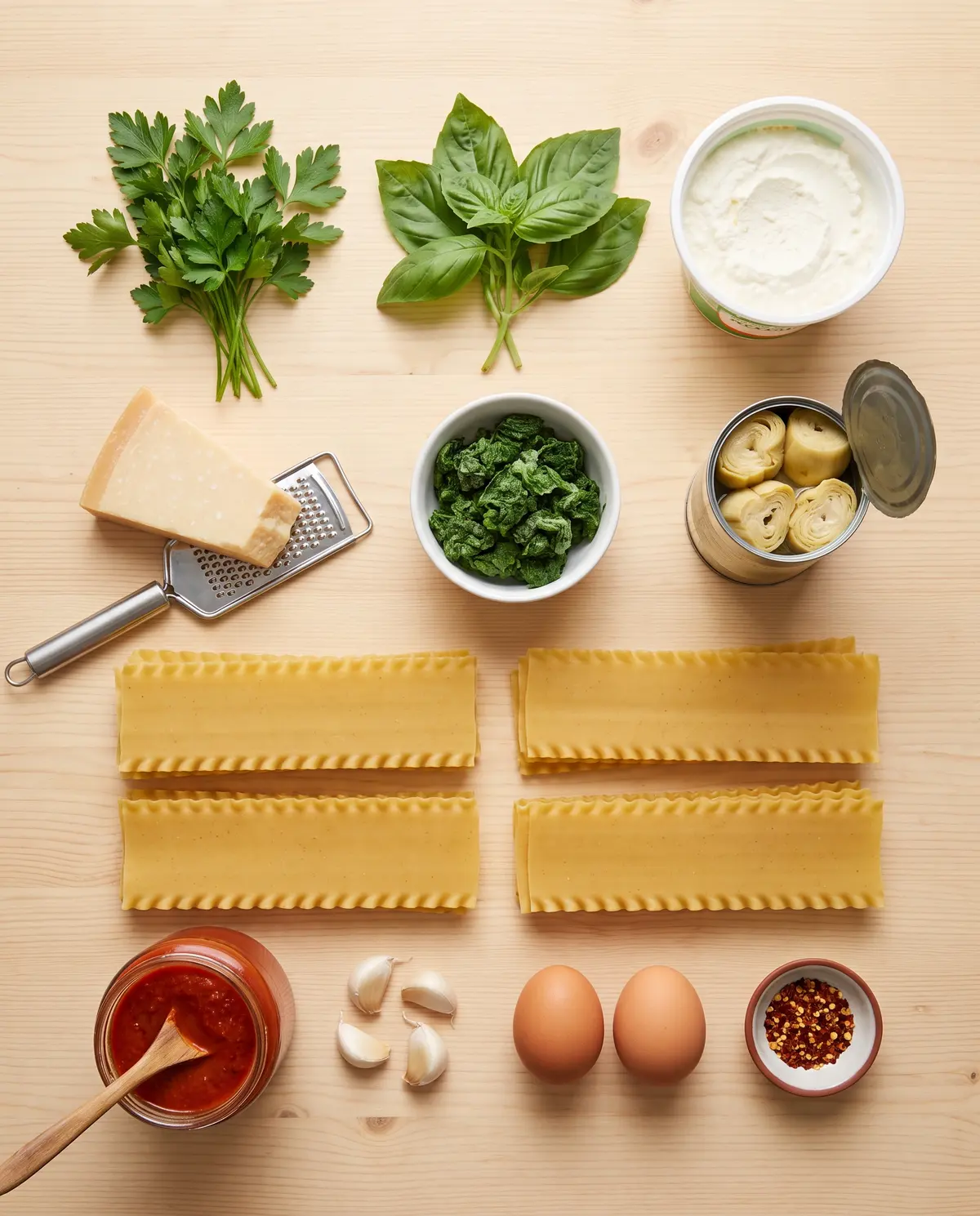 Flat-lay of ingredients for spinach artichoke lasagna rolls on a wood table