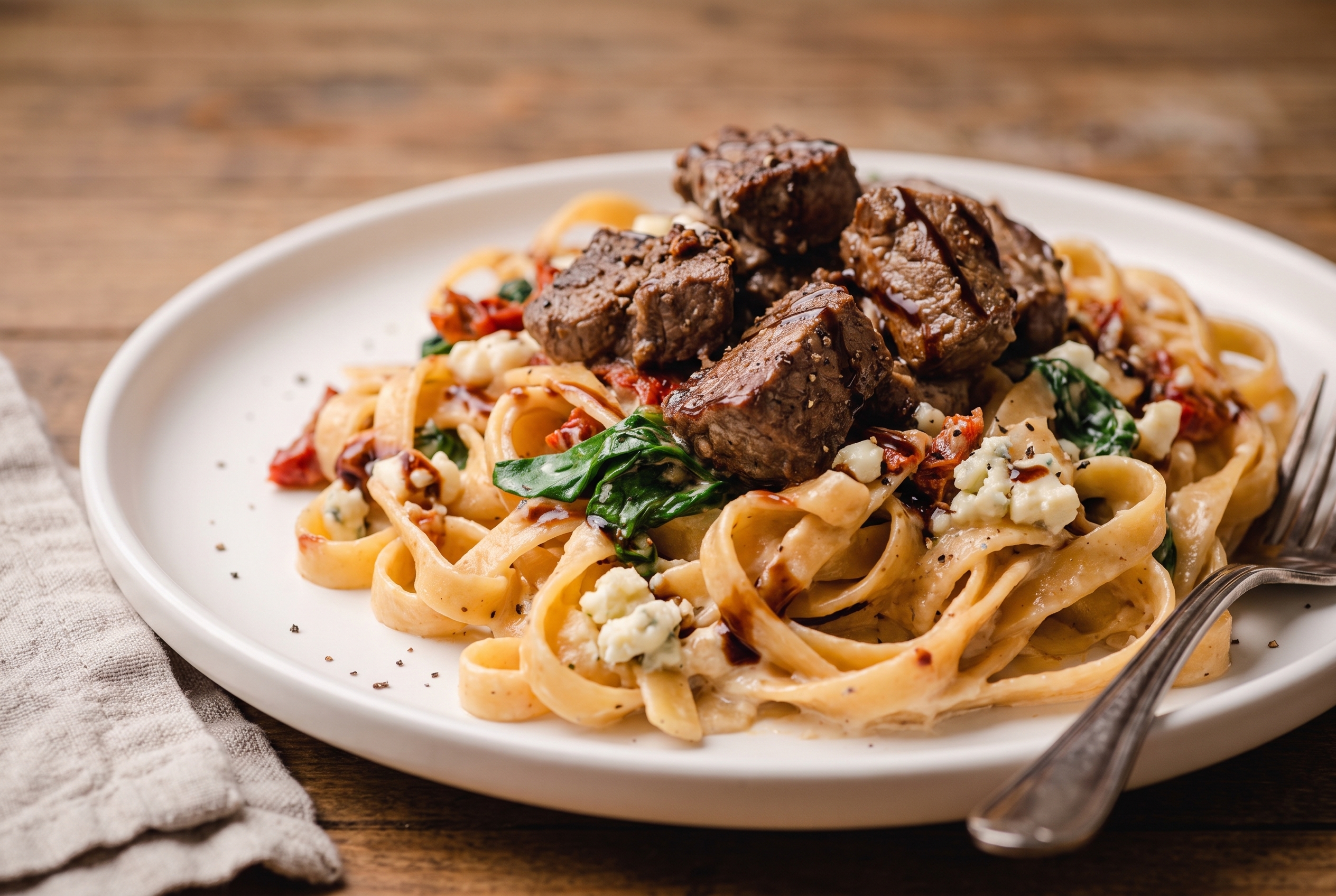 Creamy steak gorgonzola pasta served on a white plate