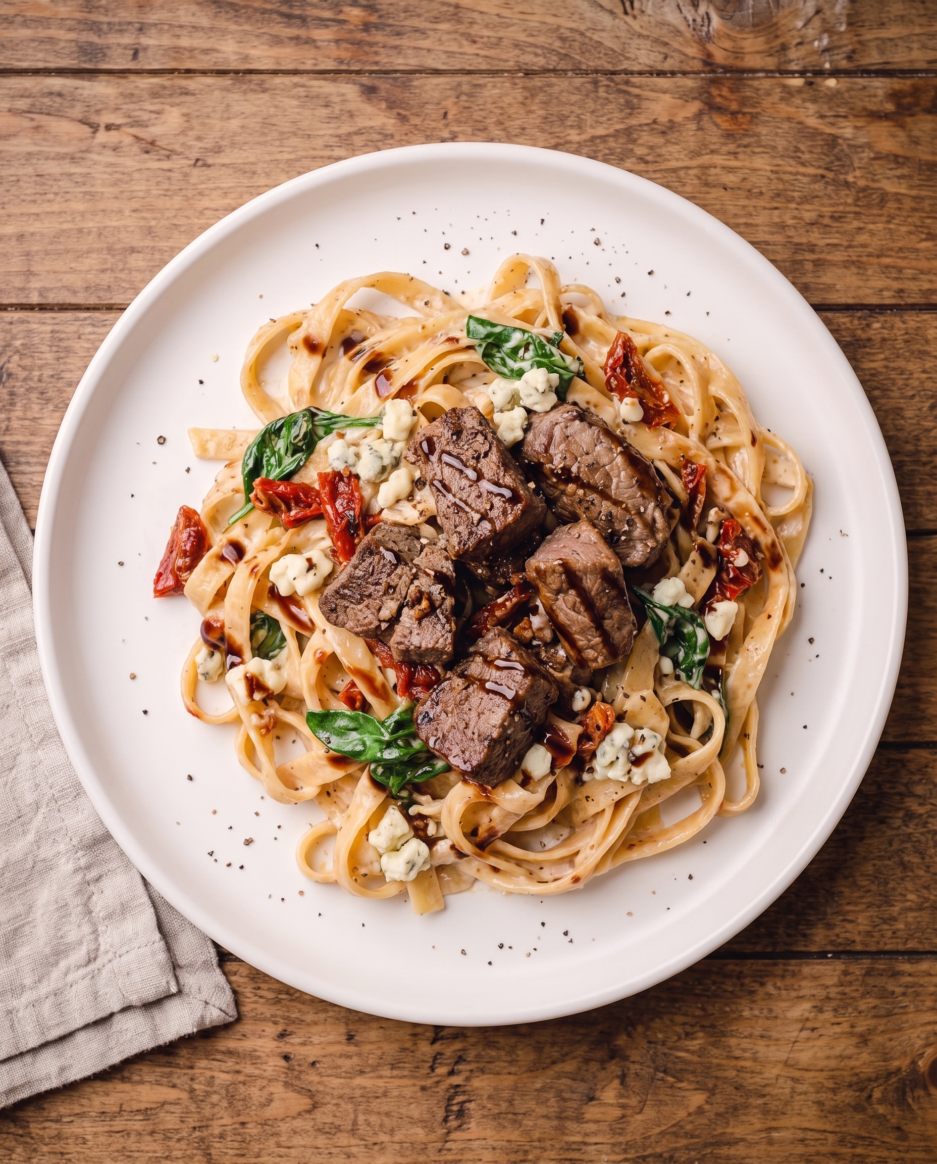 Overhead view of creamy steak gorgonzola pasta