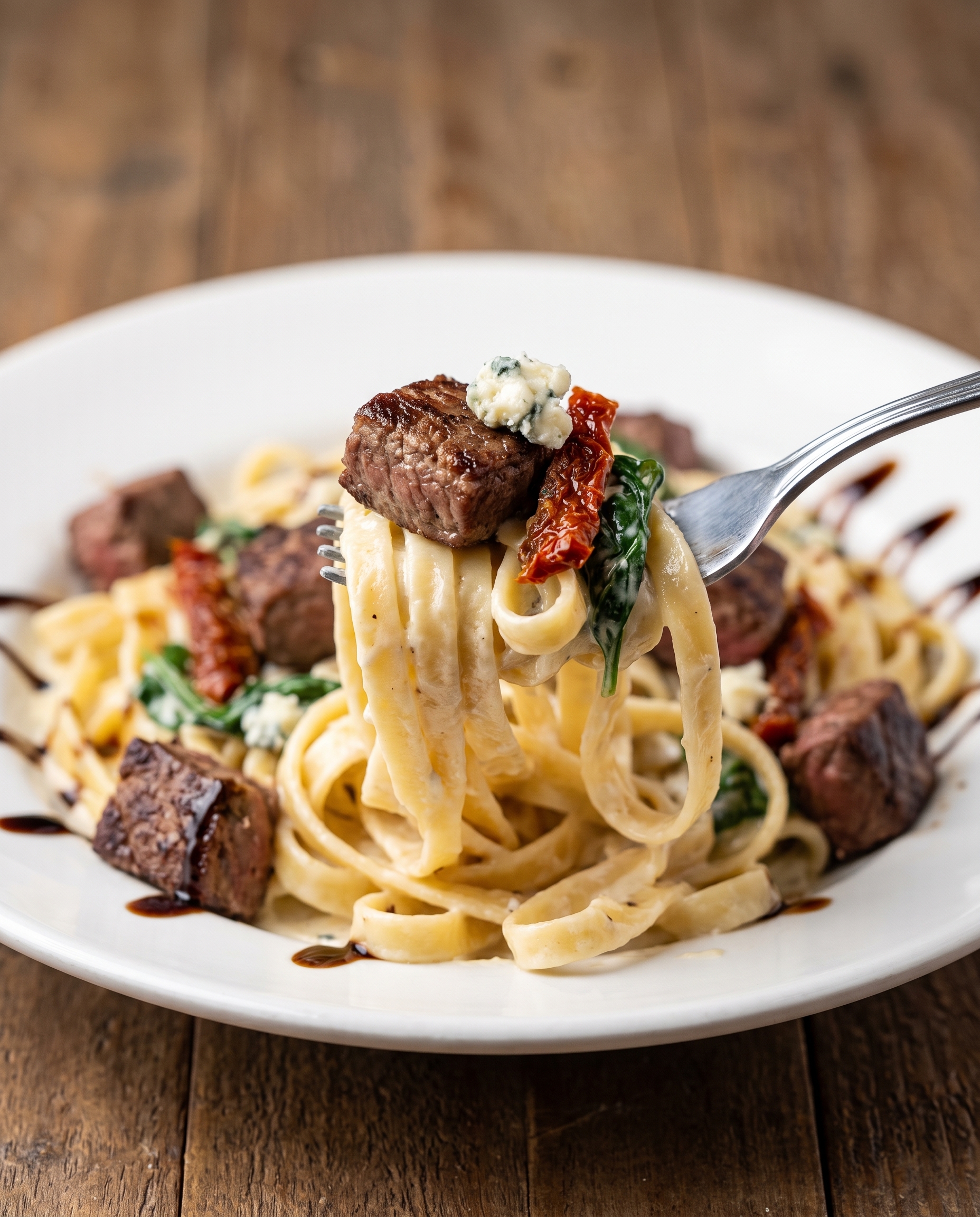 Close-up of fork lifting creamy steak gorgonzola pasta