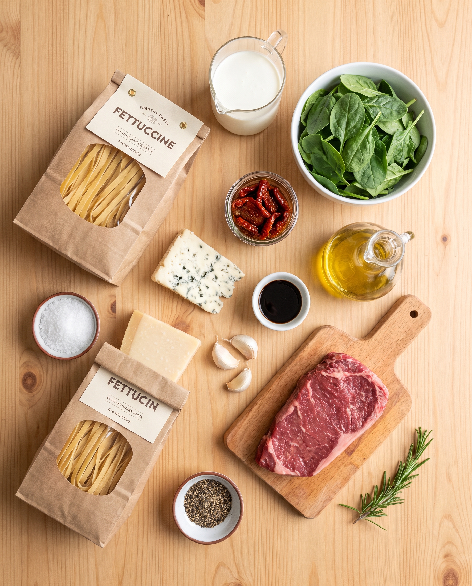 Ingredients for creamy steak gorgonzola pasta arranged on a wooden table