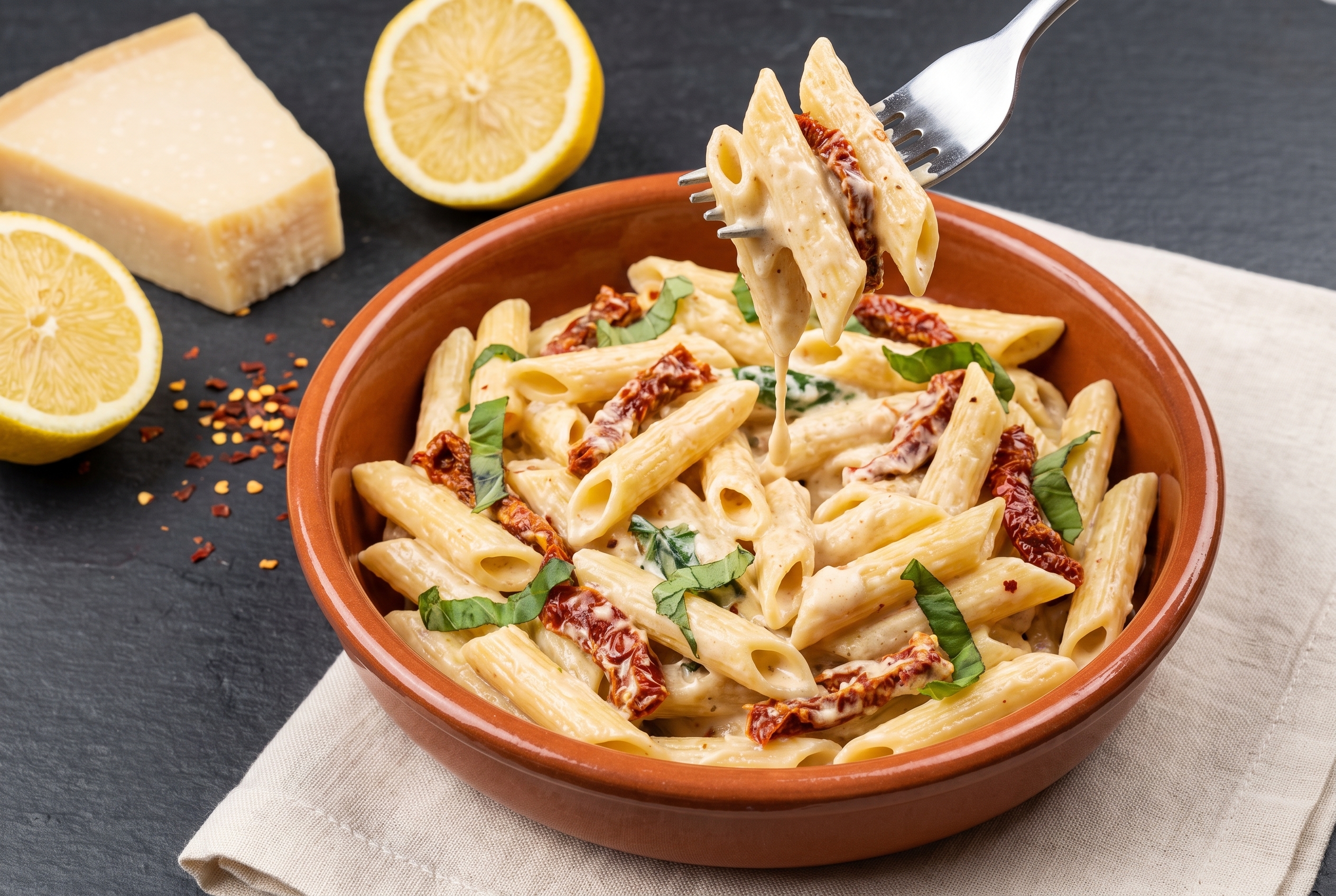 Creamy sun-dried tomato and basil penne in a terracotta bowl