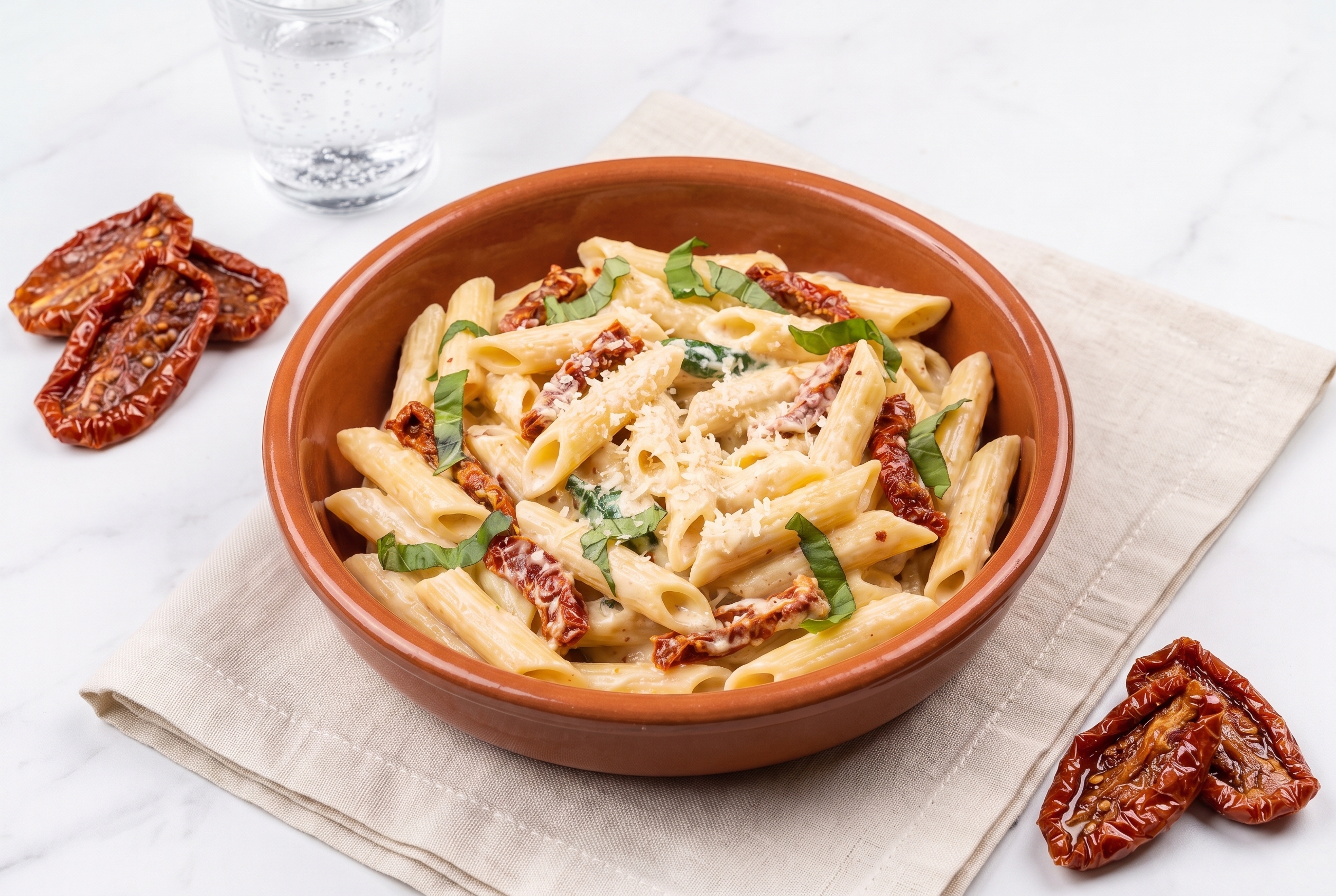 Plated portion of creamy sun-dried tomato and basil penne on a marble surface