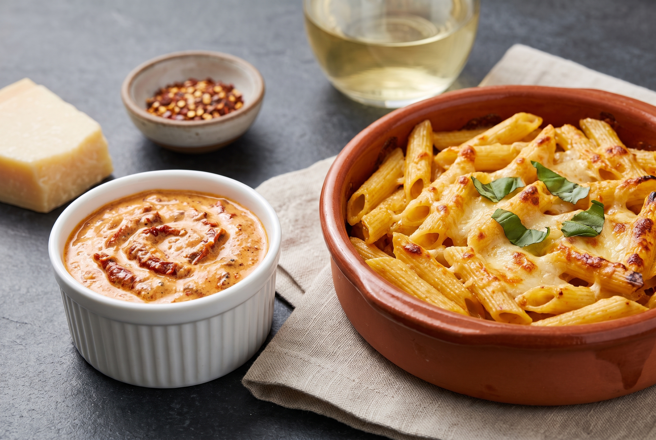 Creamy sun-dried tomato penne with a ramekin of sauce on a stone surface