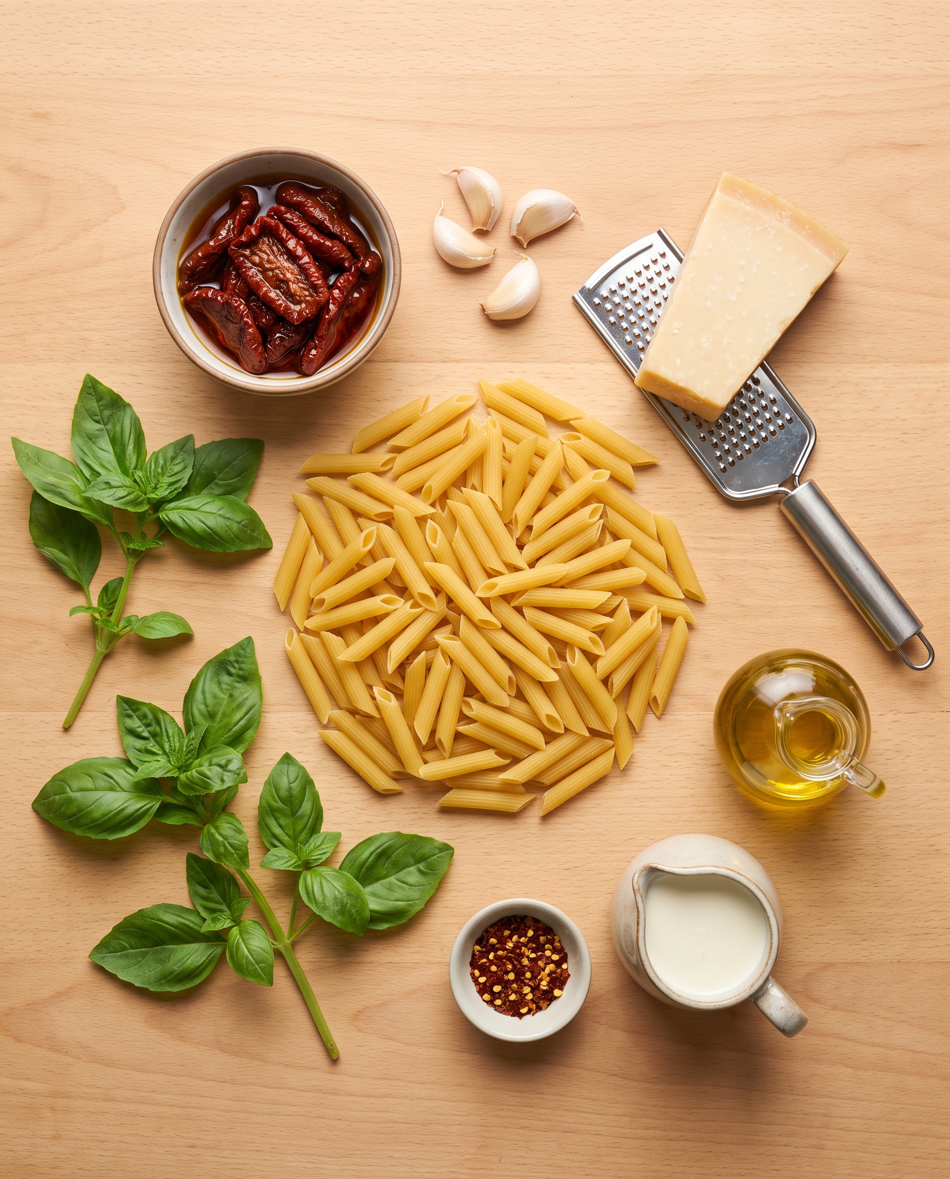 Ingredients for creamy sun-dried tomato and basil penne arranged on a wooden table