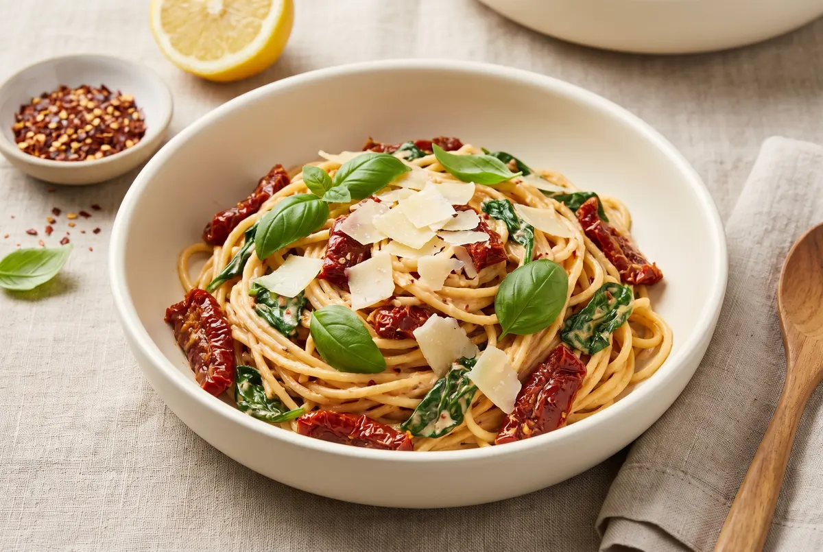 Creamy sun-dried tomato spaghetti served in a cream ceramic bowl on a linen tablecloth with parmesan and basil