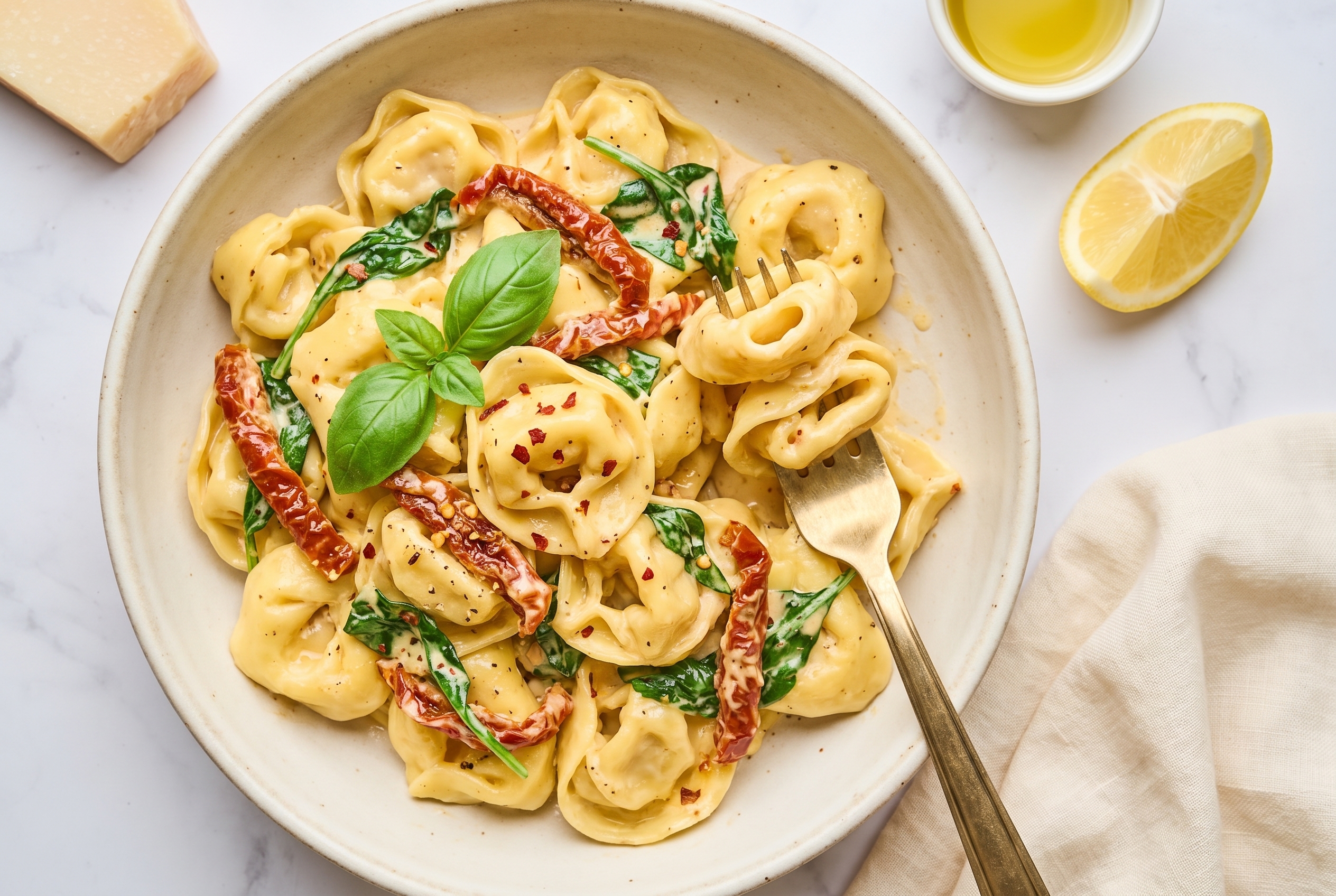 Creamy sun-dried tomato tortellini in a cream stoneware bowl