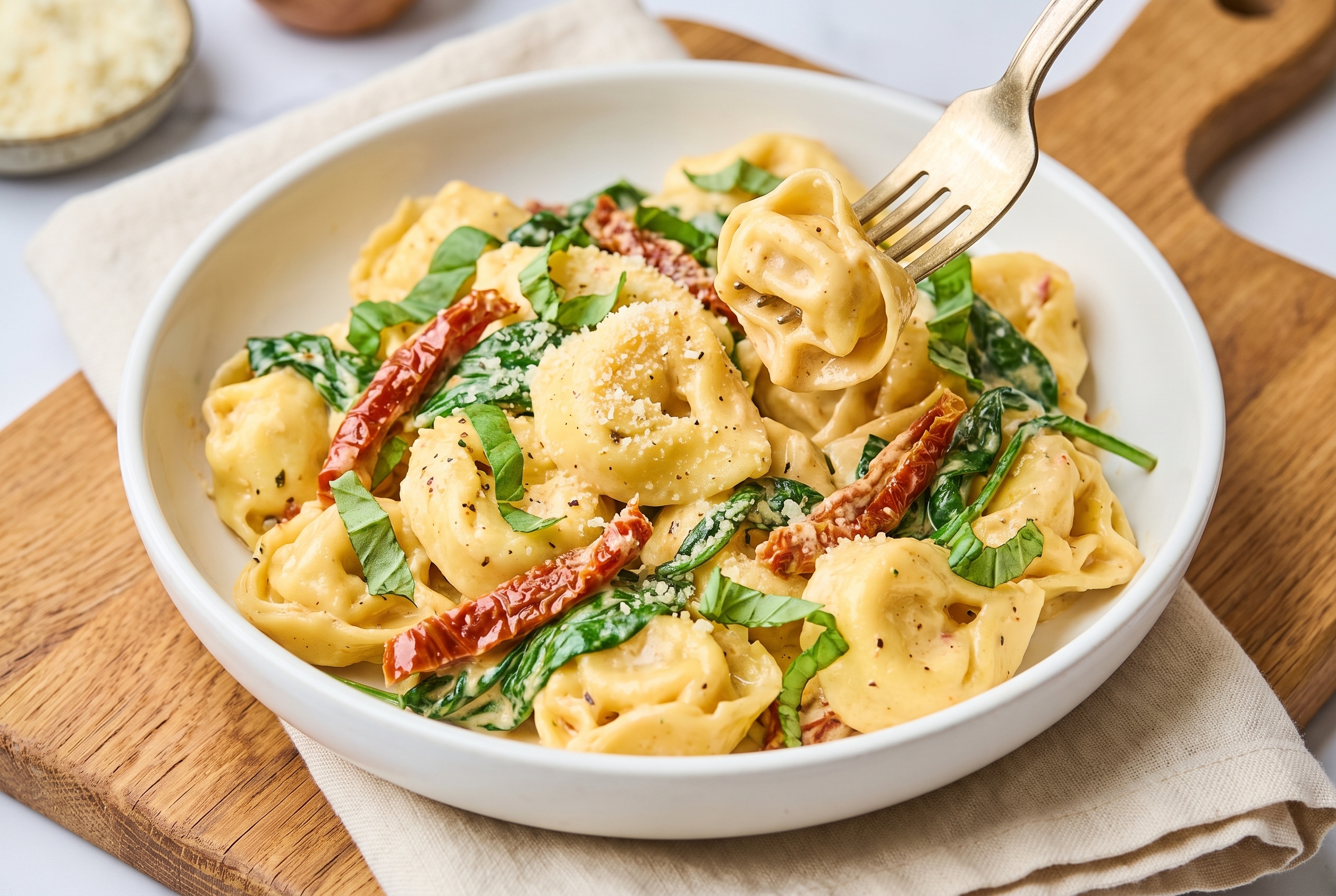 White ceramic bowl of creamy sun-dried tomato tortellini with basil and parmesan