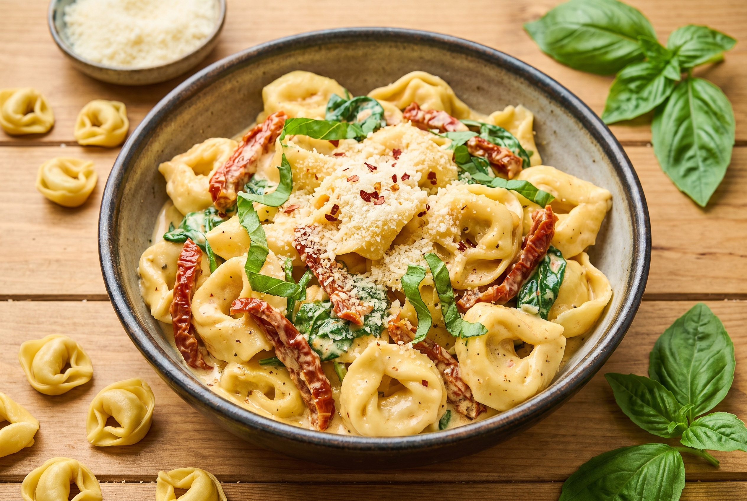 Rustic ceramic bowl of creamy sun-dried tomato tortellini on a wood plank