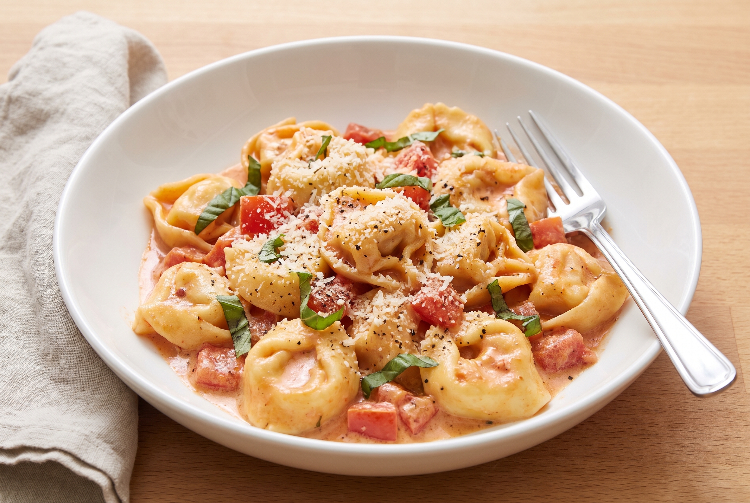 Creamy tomato basil tortellini in a white bowl