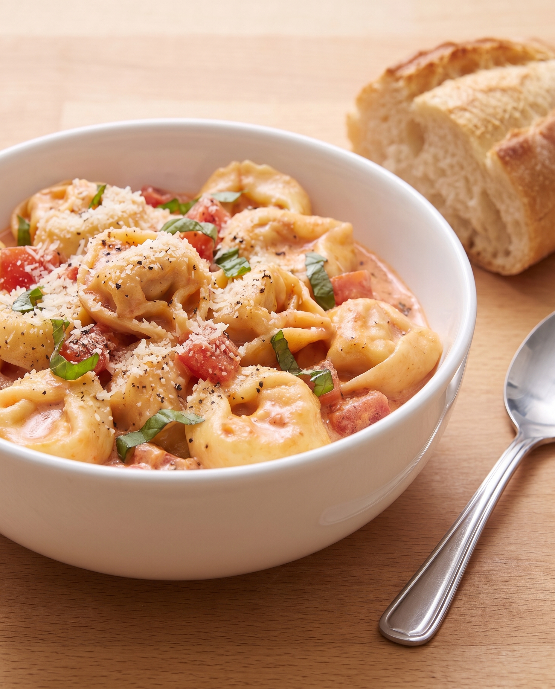 A different angle of creamy tomato basil tortellini