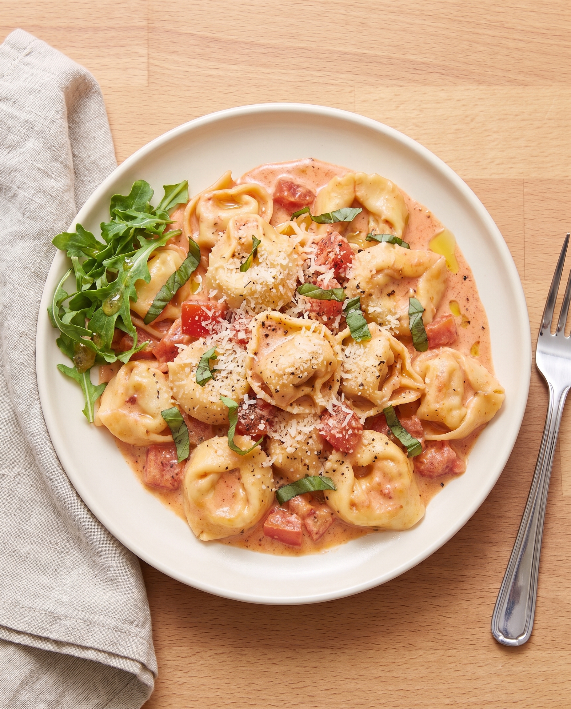A top-down view of creamy tomato basil tortellini