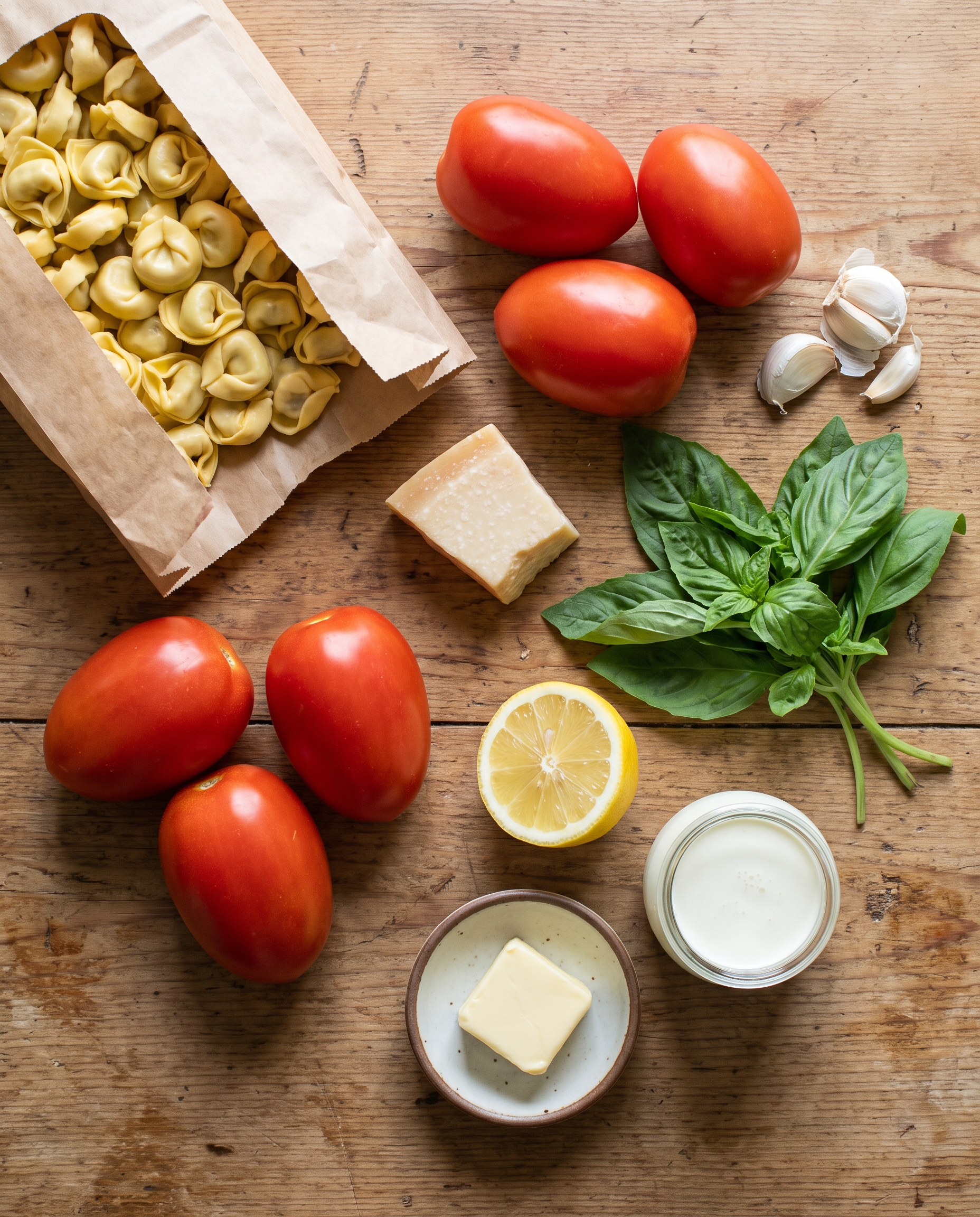 Ingredients for creamy tomato basil tortellini arranged on a wooden table