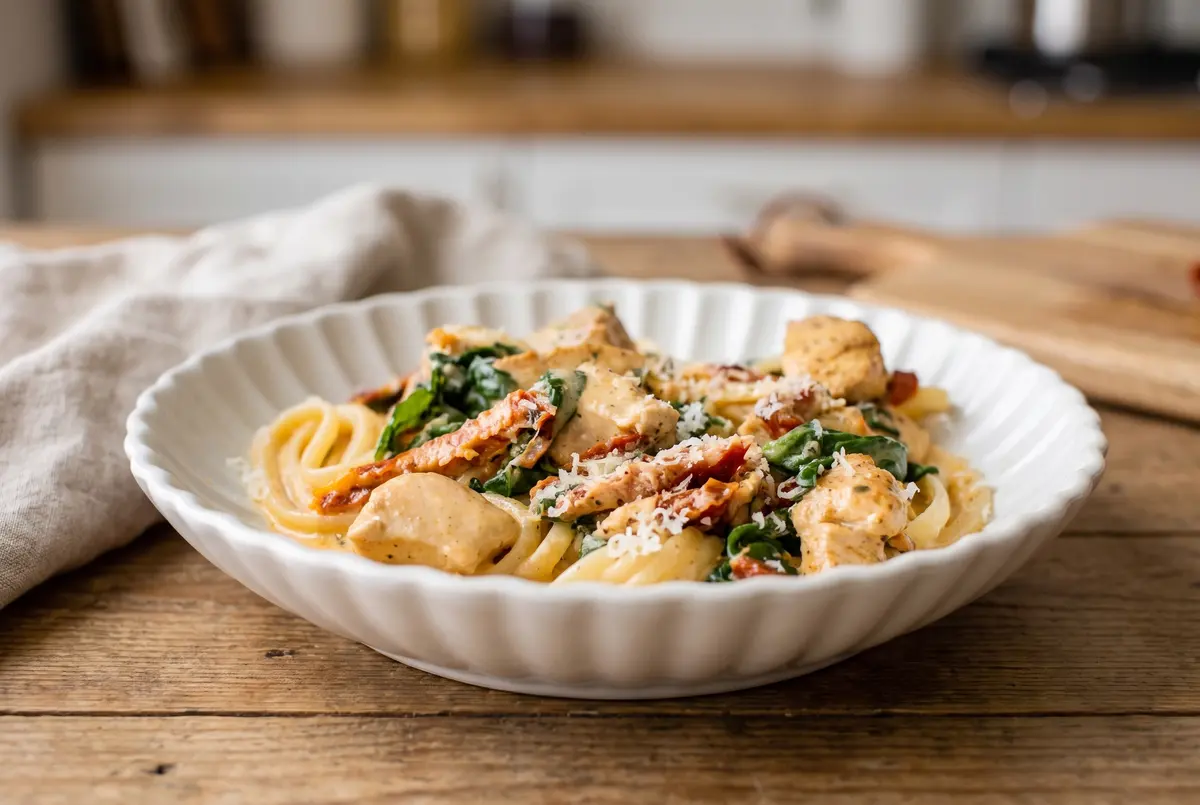 Creamy Tuscan Chicken Pasta with sun-dried tomatoes and spinach