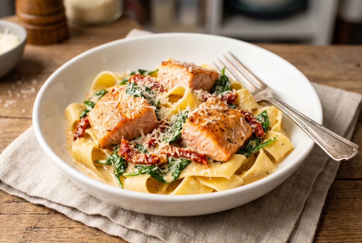 Creamy Tuscan salmon pasta in a white bowl