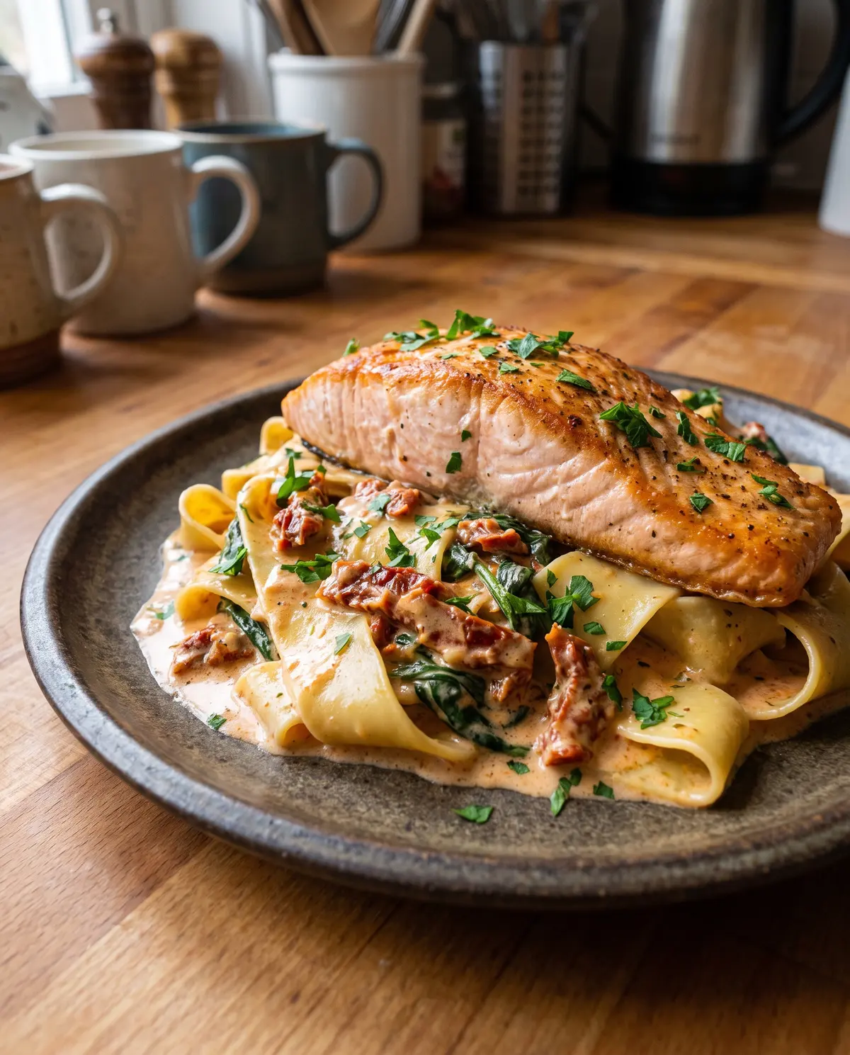Creamy Tuscan salmon pasta plated on a dark plate