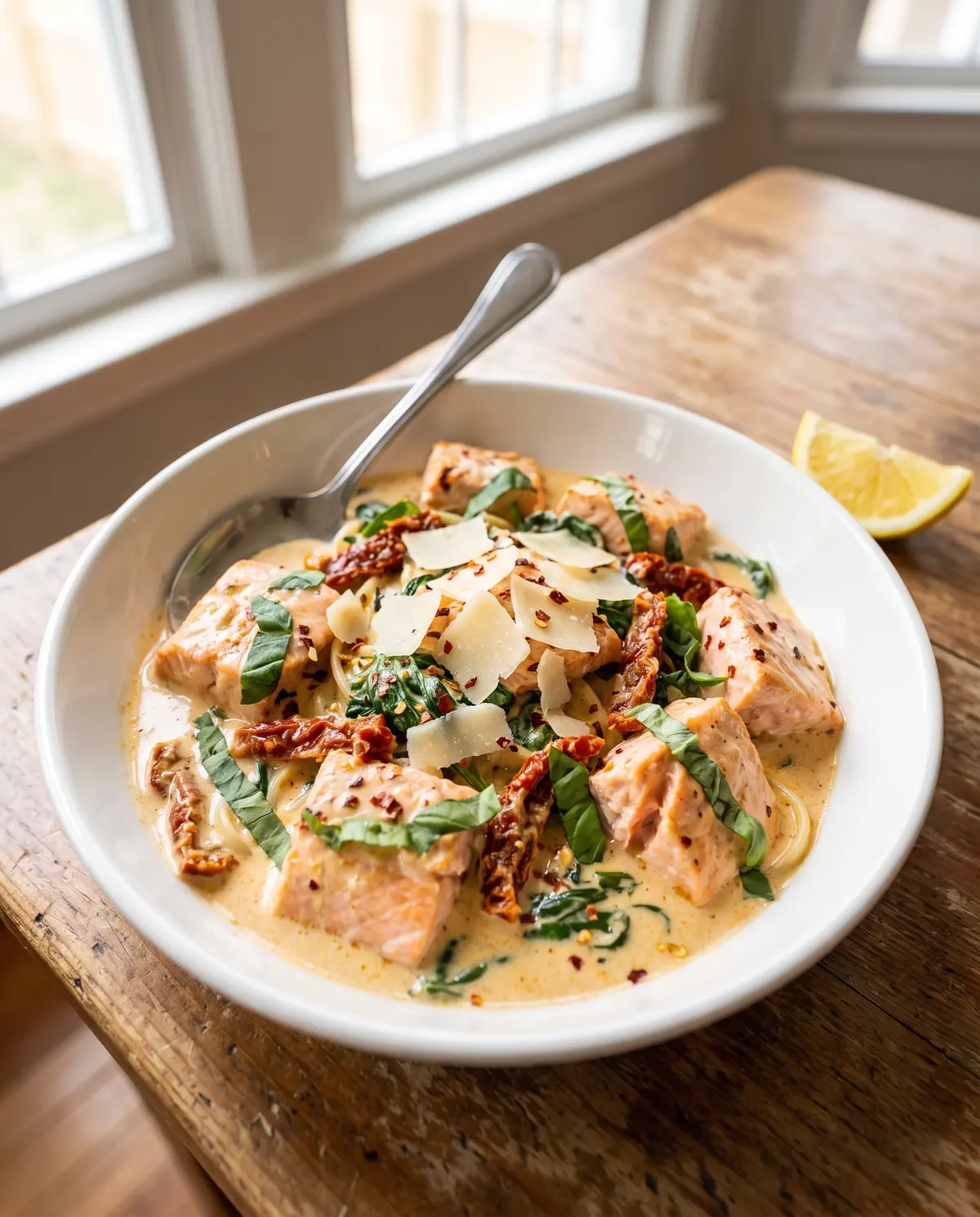 A bowl of creamy Tuscan salmon pasta from above