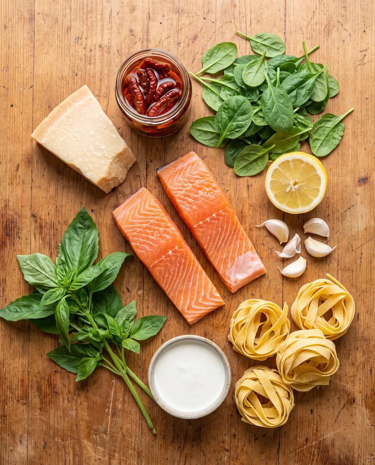 Ingredients for creamy Tuscan salmon pasta on a wooden table