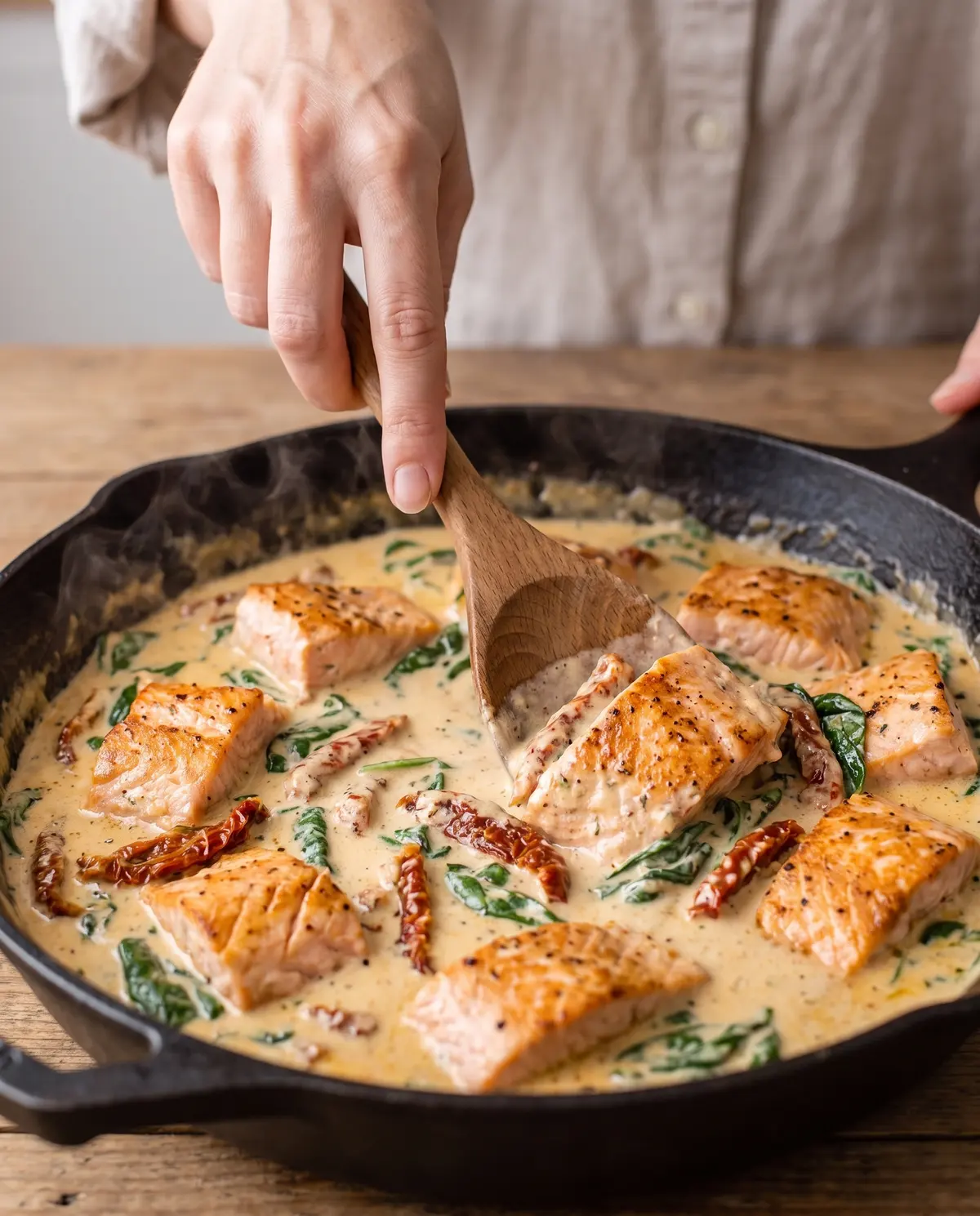 Tossing the pasta into the creamy sauce