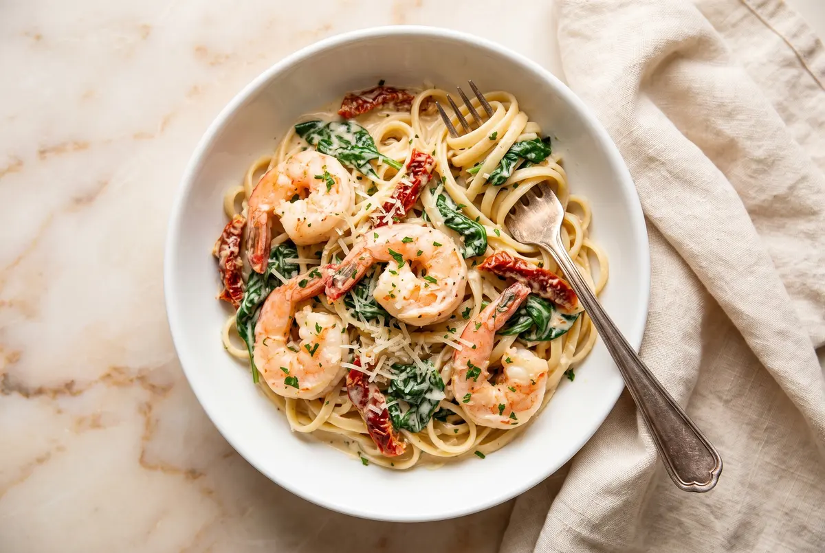 Creamy Tuscan shrimp linguine in a white bowl with sun-dried tomatoes and spinach