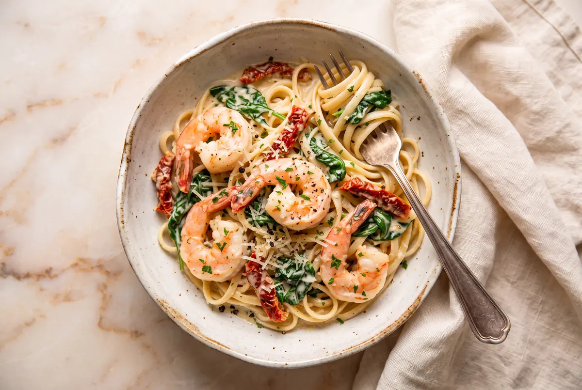 Creamy Tuscan shrimp linguine served on a plate with parsley garnish