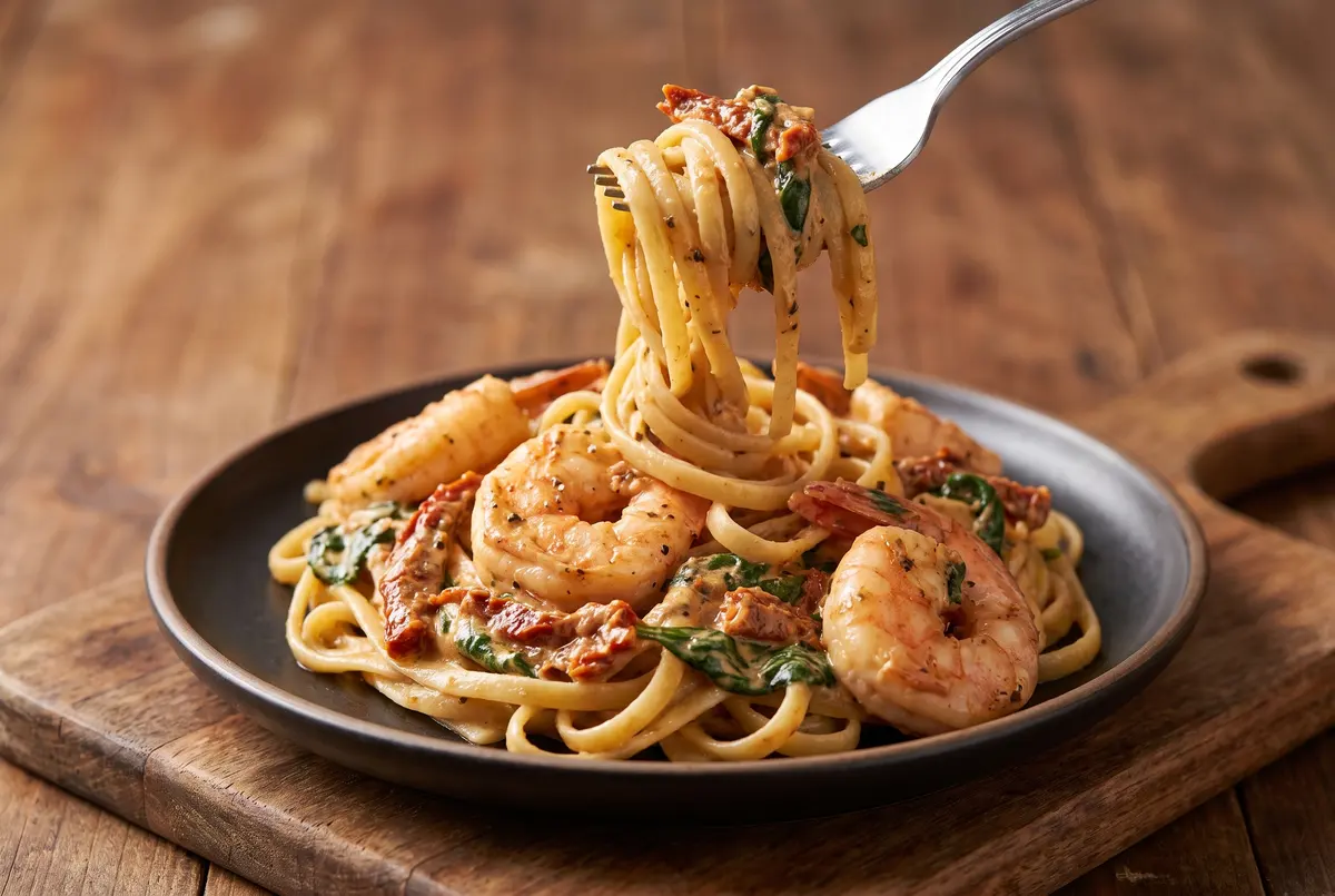 Bowl of creamy Tuscan shrimp linguine with sun-dried tomatoes and spinach