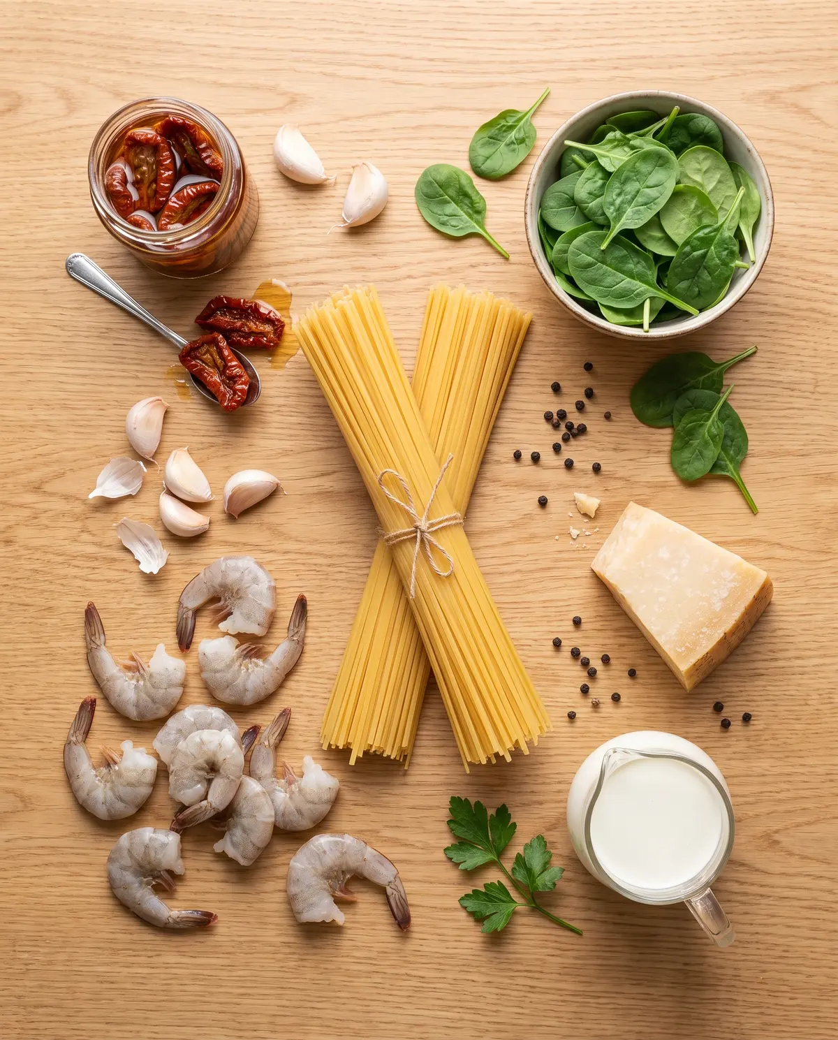 Ingredients for creamy Tuscan shrimp linguine laid out on a wooden table