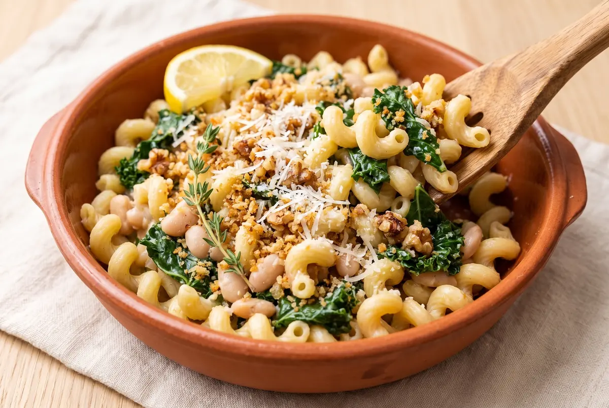 Creamy Tuscan white bean and kale pasta in a terracotta bowl with toasted walnut crumble