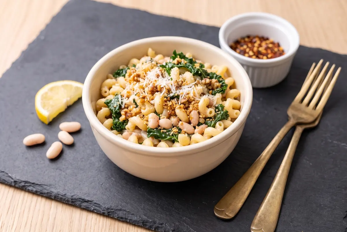 Tuscan white bean and kale pasta served in a small cream bowl on a slate board