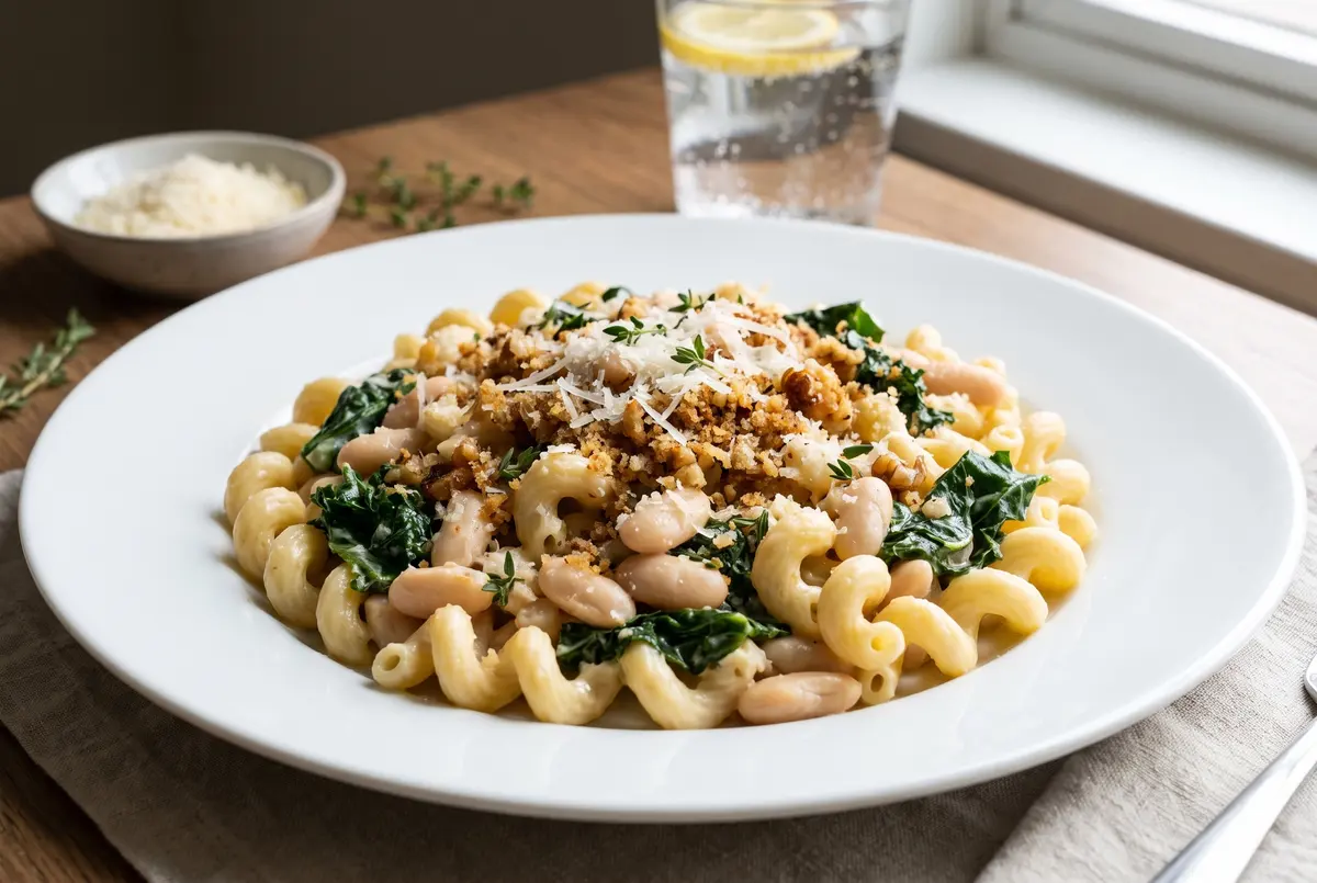 Plated Tuscan white bean and kale pasta with toasted walnut crumble and a glass of sparkling lemon water