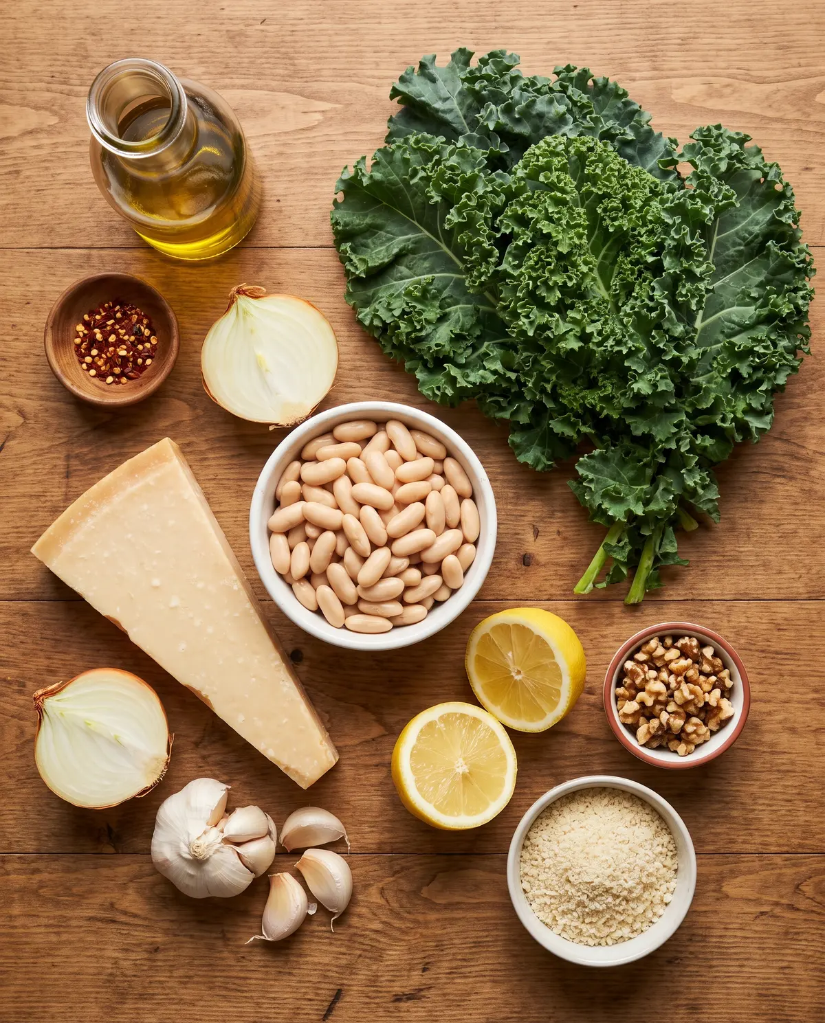Ingredients for Tuscan white bean and kale pasta laid out on wood
