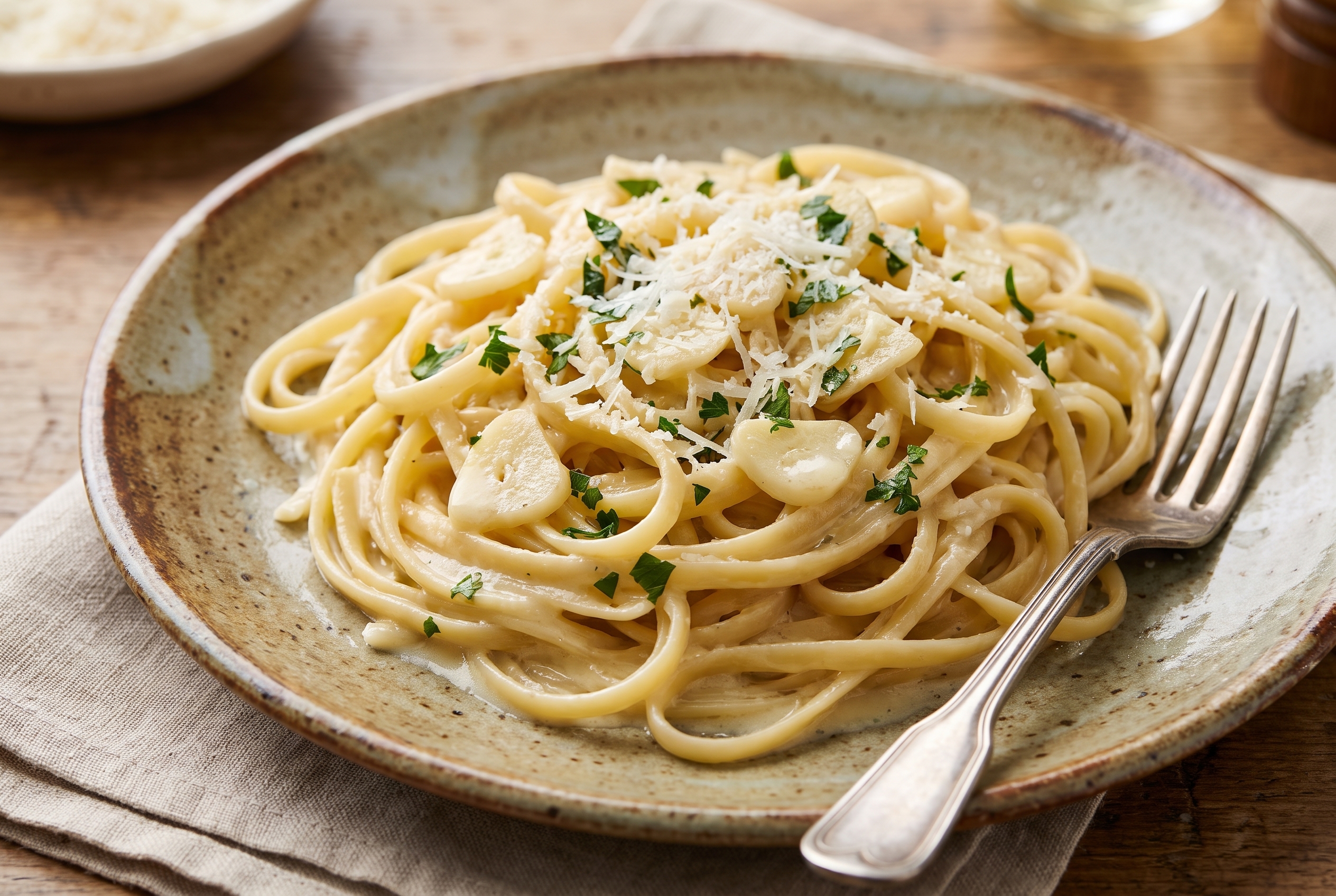 Creamy white wine garlic pasta in a bowl